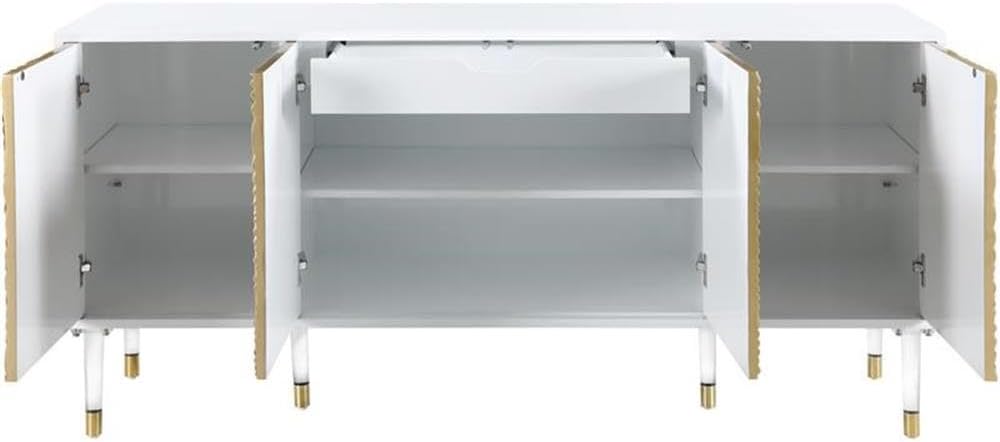Meridian Furniture Bellissimo Collection Modern | Contemporary Lacquer Sideboard/Buffet Tipped Acrylic Legs Wood Design, 64" W x 18" D x 31" H, White/Gold