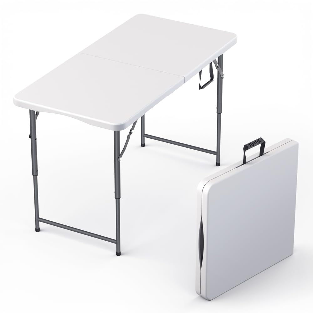 4 Feet Foldable Table Adjustable Height with Built in Handle, Steel Legs | 4FT Heavy Duty Portable | Perfect for Party Dining Wedding Events Picnic Indoor Outdoor Camping Utility Folding - 4 Foot