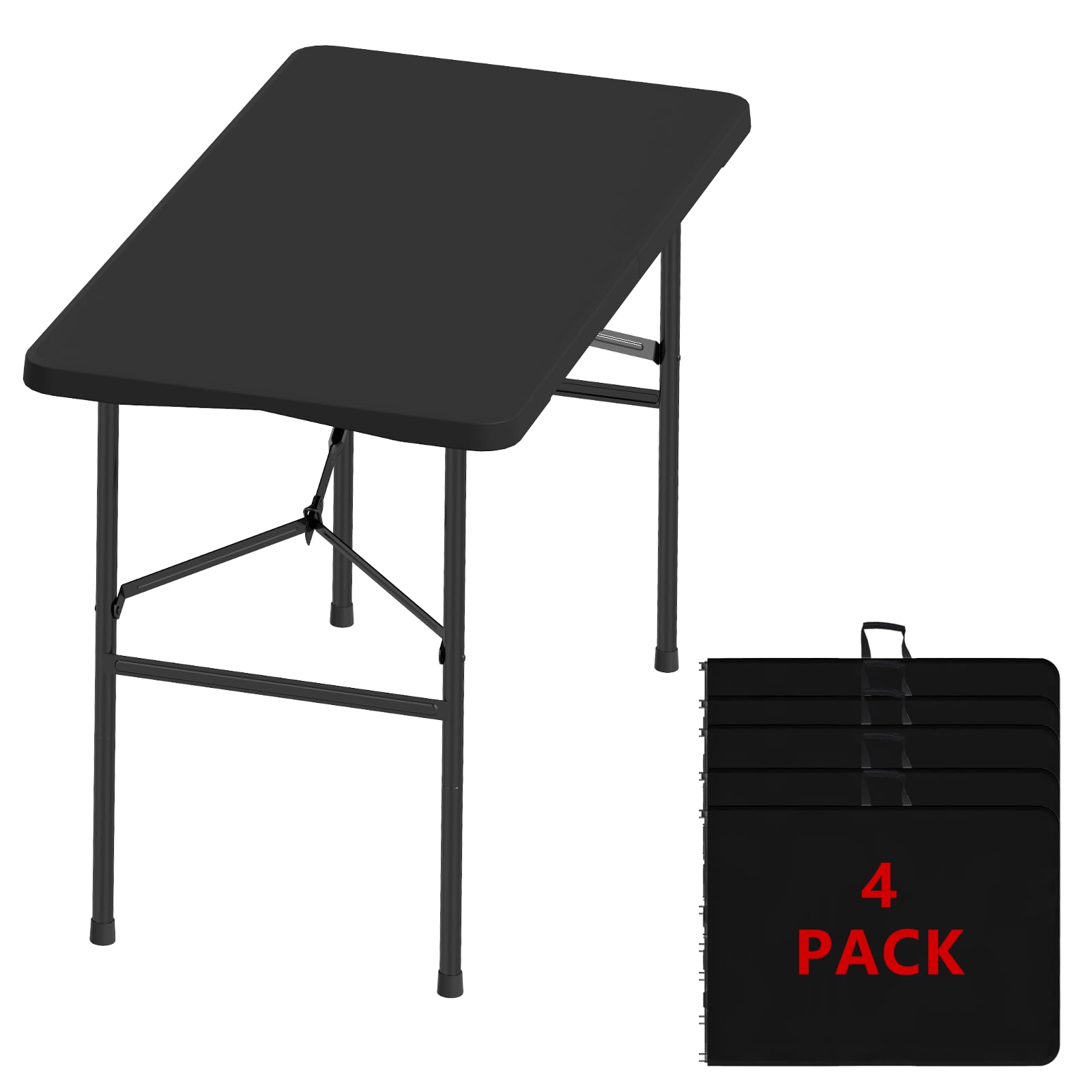 6FT Black Folding Table for Outdoor, 6 Foot Picnic Tables No Assembly Required Portable, Black Foldable Table for Camping, Parties, Meeting, Events, Wedding, BBQ, with Carrying Handle