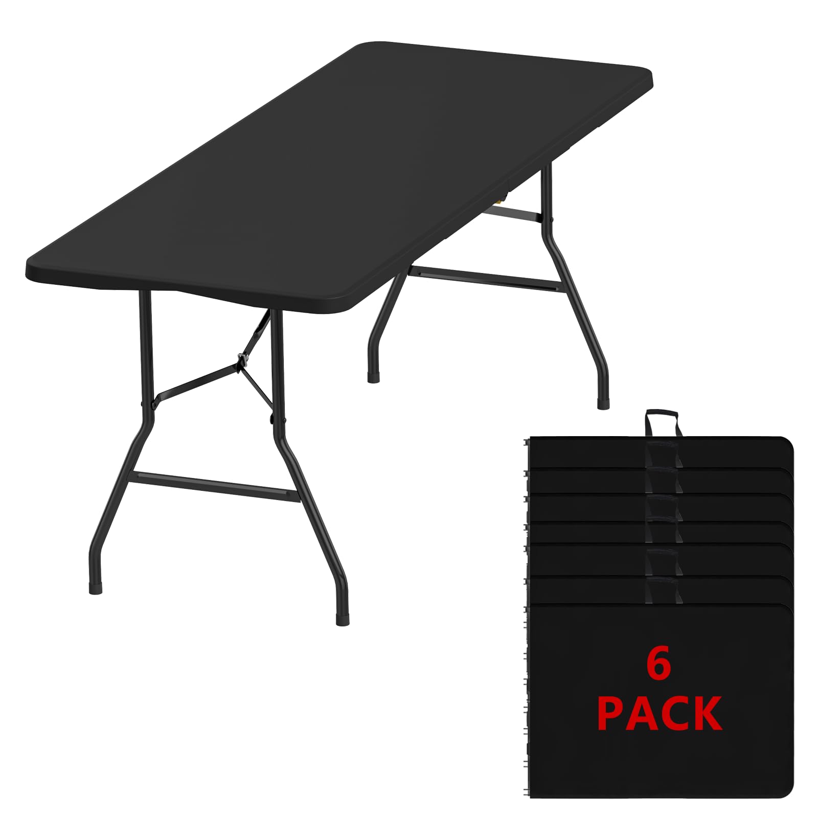 6FT Black Folding Table for Outdoor, 6 Foot Picnic Tables No Assembly Required Portable, Black Foldable Table for Camping, Parties, Meeting, Events, Wedding, BBQ, with Carrying Handle