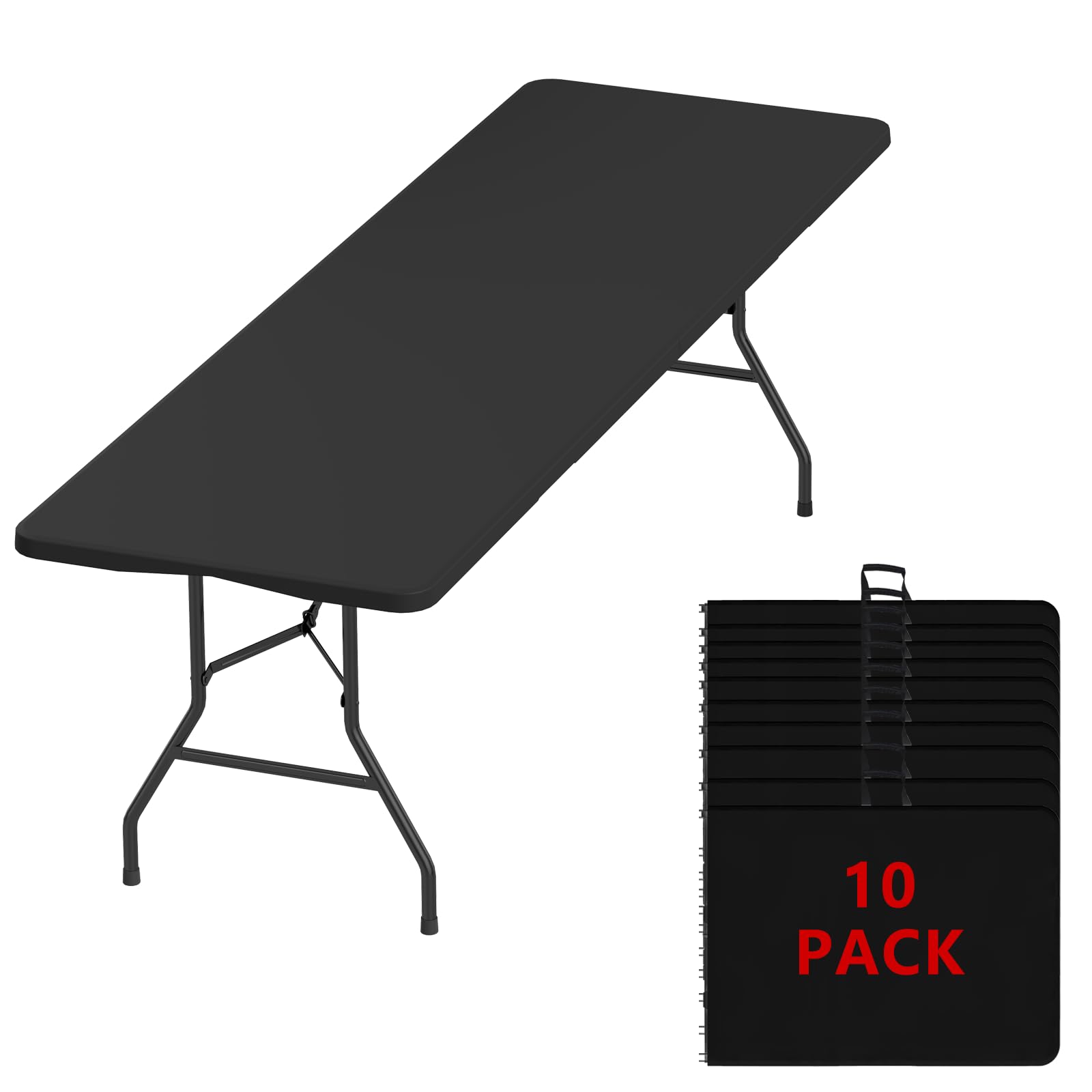 6FT Black Folding Table for Outdoor, 6 Foot Picnic Tables No Assembly Required Portable, Black Foldable Table for Camping, Parties, Meeting, Events, Wedding, BBQ, with Carrying Handle