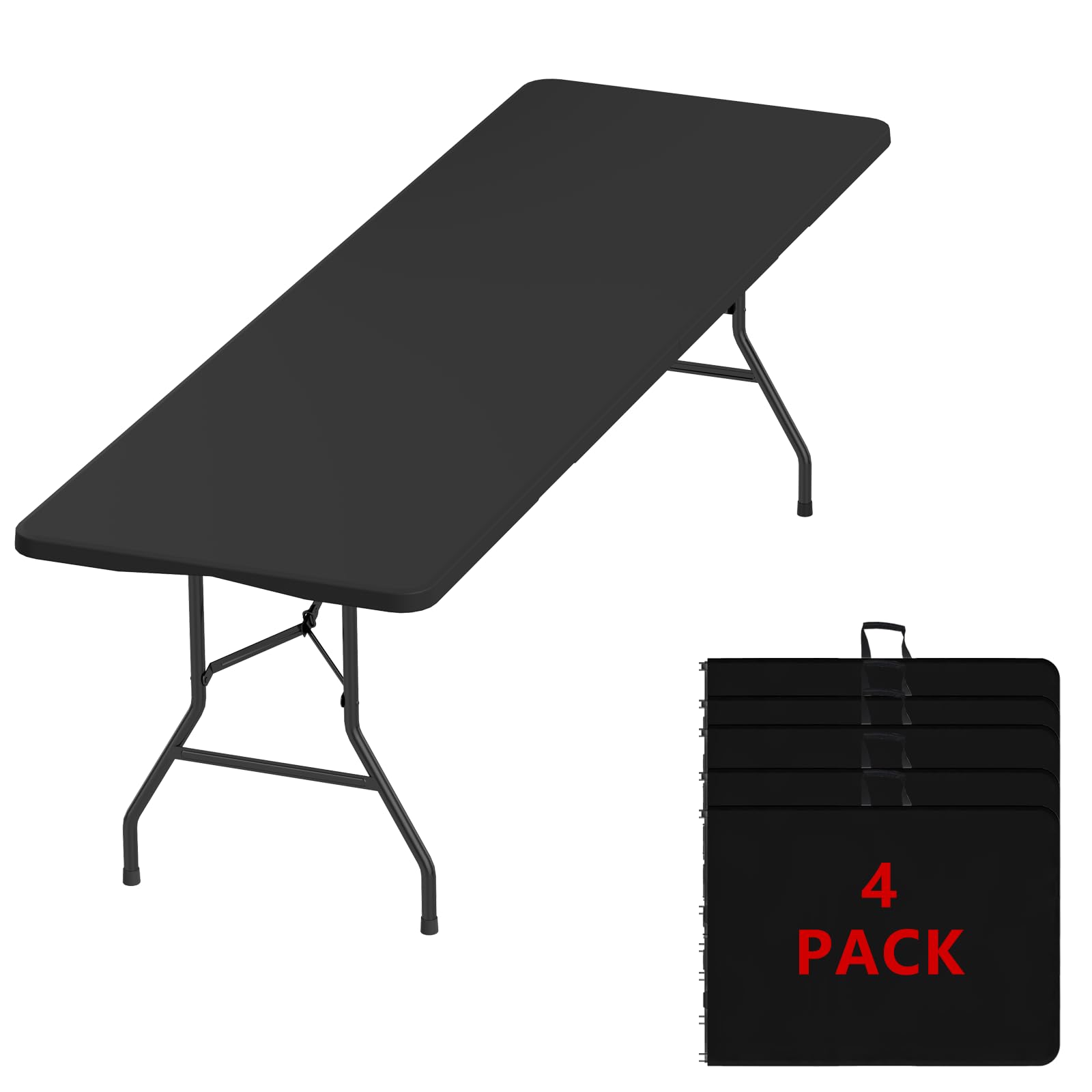 6FT Black Folding Table for Outdoor, 6 Foot Picnic Tables No Assembly Required Portable, Black Foldable Table for Camping, Parties, Meeting, Events, Wedding, BBQ, with Carrying Handle