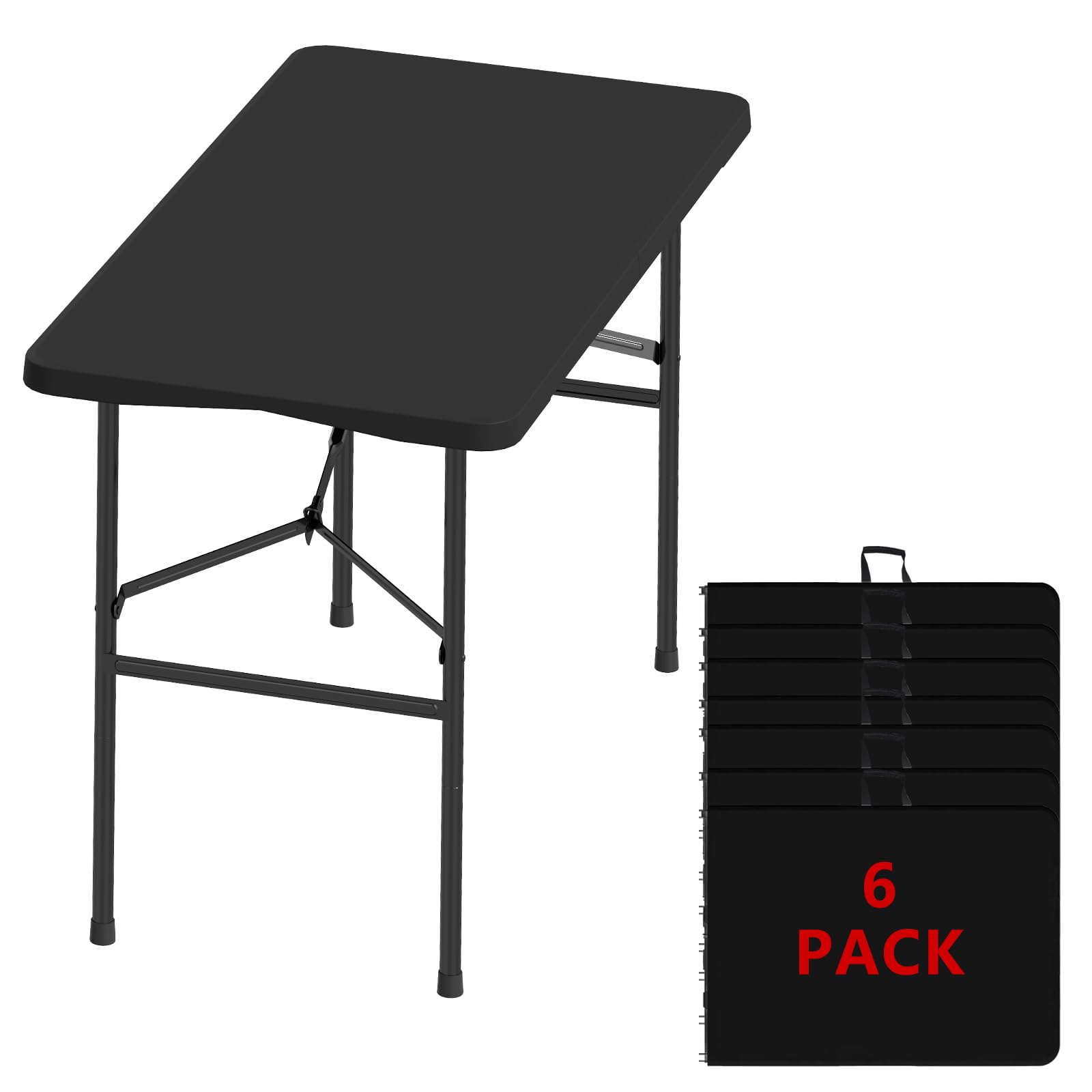 6FT Black Folding Table for Outdoor, 6 Foot Picnic Tables No Assembly Required Portable, Black Foldable Table for Camping, Parties, Meeting, Events, Wedding, BBQ, with Carrying Handle
