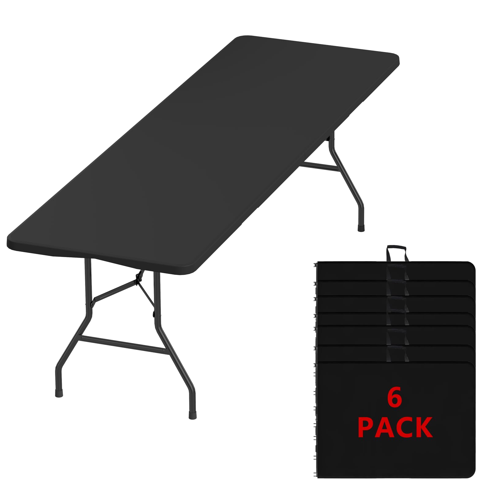 6FT Black Folding Table for Outdoor, 6 Foot Picnic Tables No Assembly Required Portable, Black Foldable Table for Camping, Parties, Meeting, Events, Wedding, BBQ, with Carrying Handle