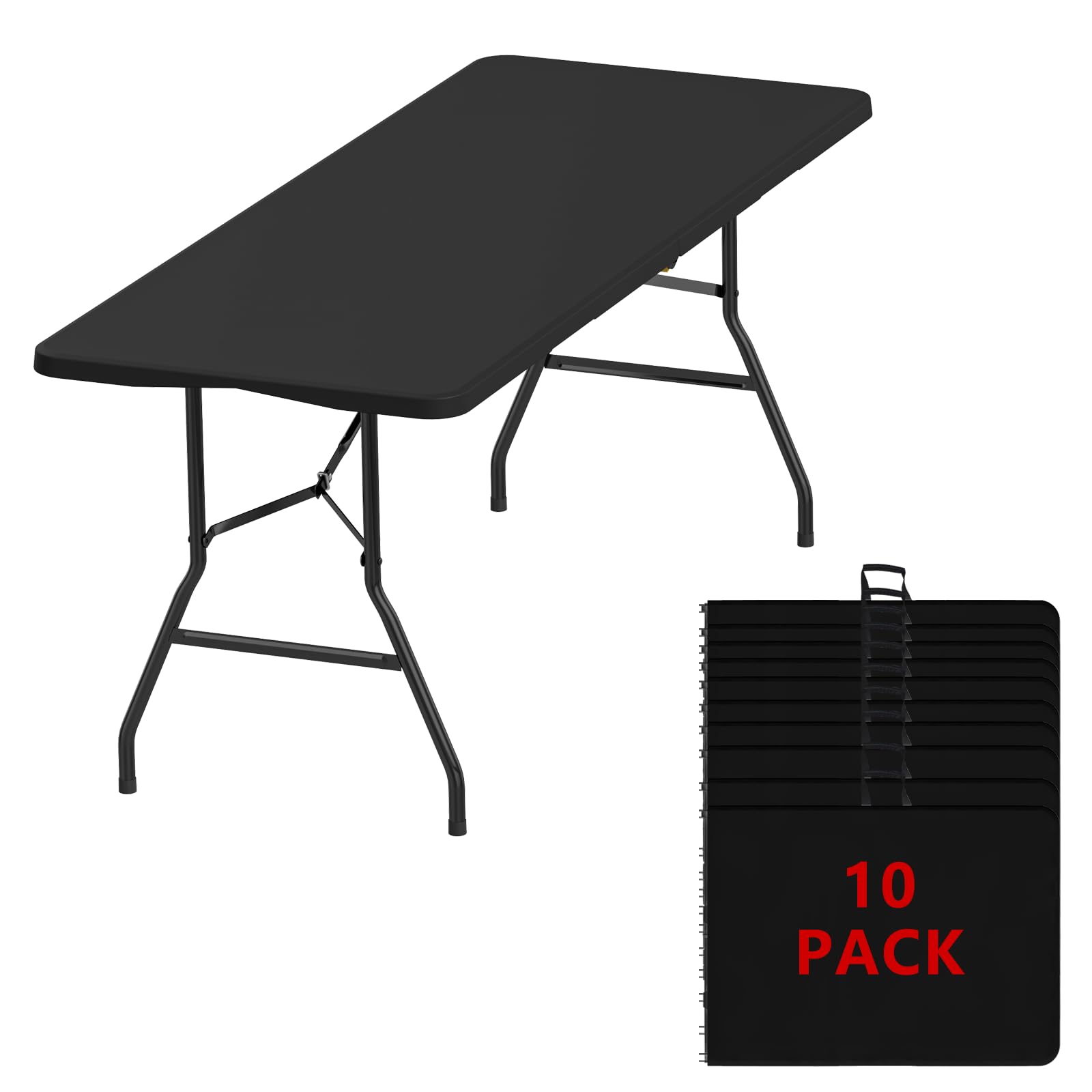6FT Black Folding Table for Outdoor, 6 Foot Picnic Tables No Assembly Required Portable, Black Foldable Table for Camping, Parties, Meeting, Events, Wedding, BBQ, with Carrying Handle