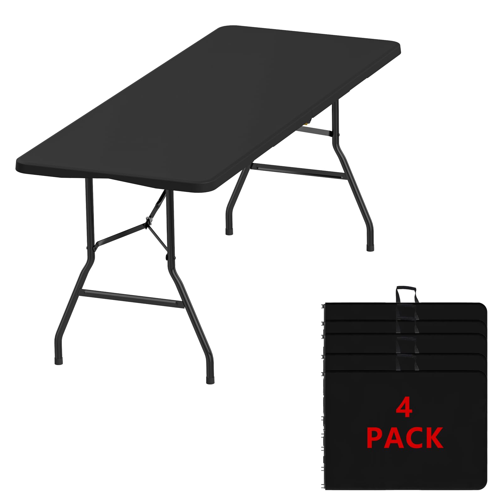 6FT Black Folding Table for Outdoor, 6 Foot Picnic Tables No Assembly Required Portable, Black Foldable Table for Camping, Parties, Meeting, Events, Wedding, BBQ, with Carrying Handle
