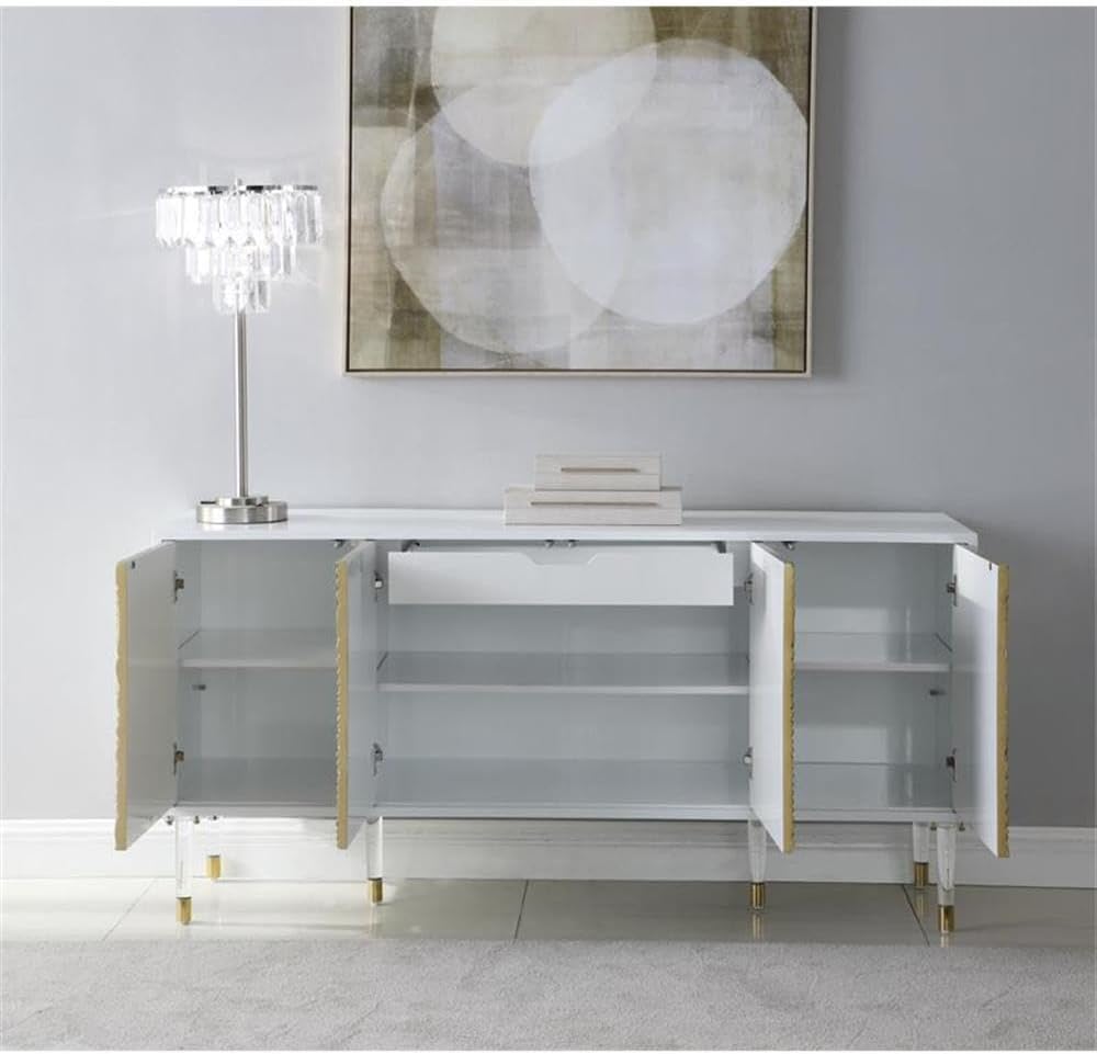 Meridian Furniture Bellissimo Collection Modern | Contemporary Lacquer Sideboard/Buffet Tipped Acrylic Legs Wood Design, 64" W x 18" D x 31" H, White/Gold