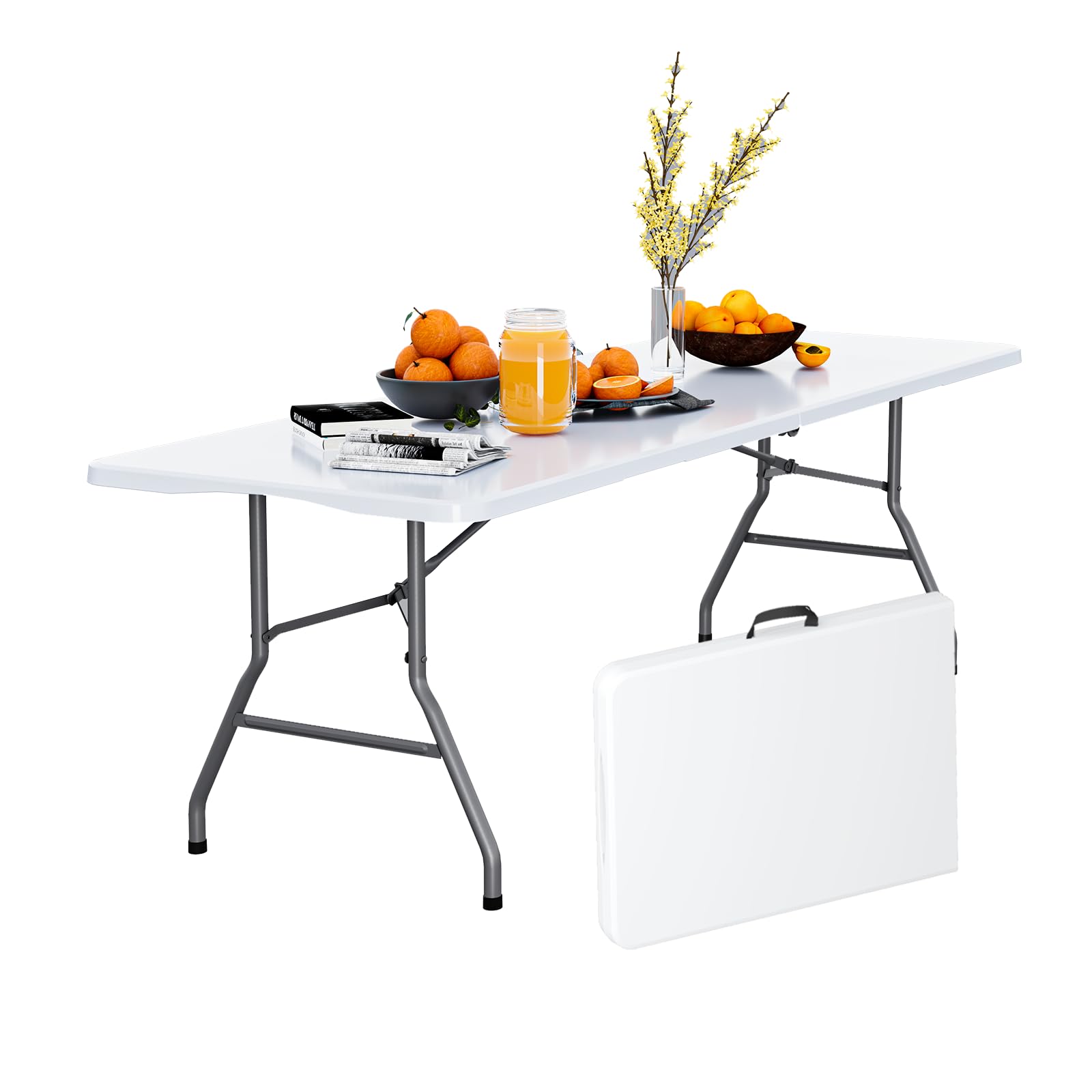 6FT Black Folding Table for Outdoor, 6 Foot Picnic Tables No Assembly Required Portable, Black Foldable Table for Camping, Parties, Meeting, Events, Wedding, BBQ, with Carrying Handle