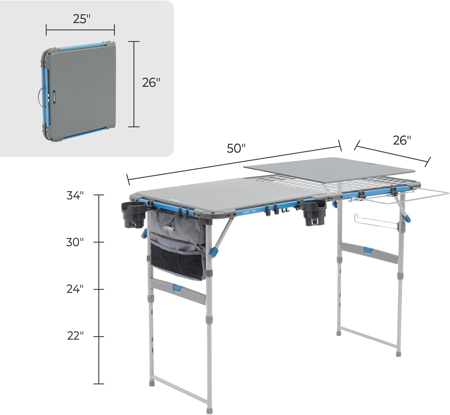 CORE Outdoor Cook Table | 4 Foot Table with Adjustable Height and Storage for Cooking Accessories | Foldable & Portable for Beach, Picnic, Backyards, BBQ, Tailgate, Patio and Party