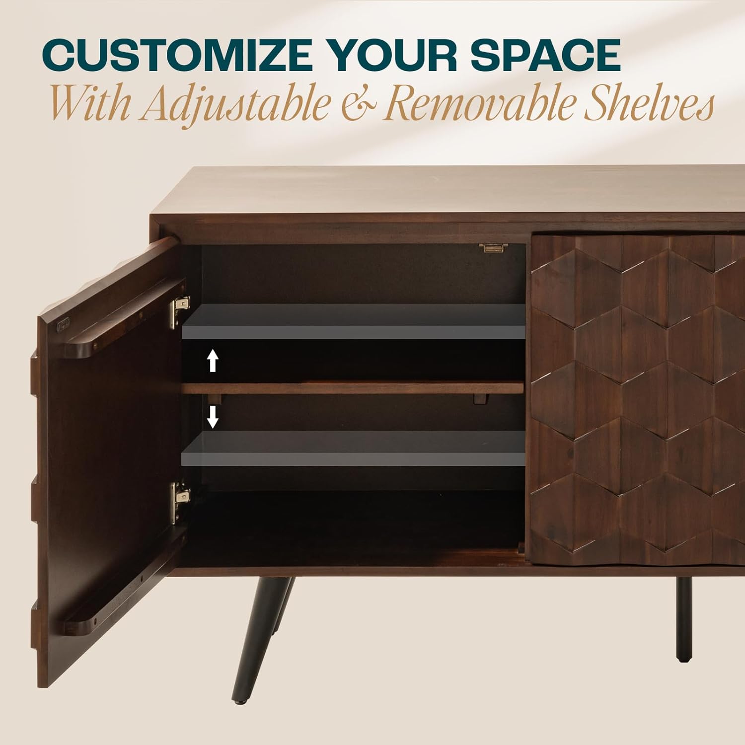 Bme Sideboard Georgina Solid Wood 2 Doors & 3 Drawers, 61'' Mid Century Modern Cabinet with Geometric Pattern for Kitchen, Dining, Living Room