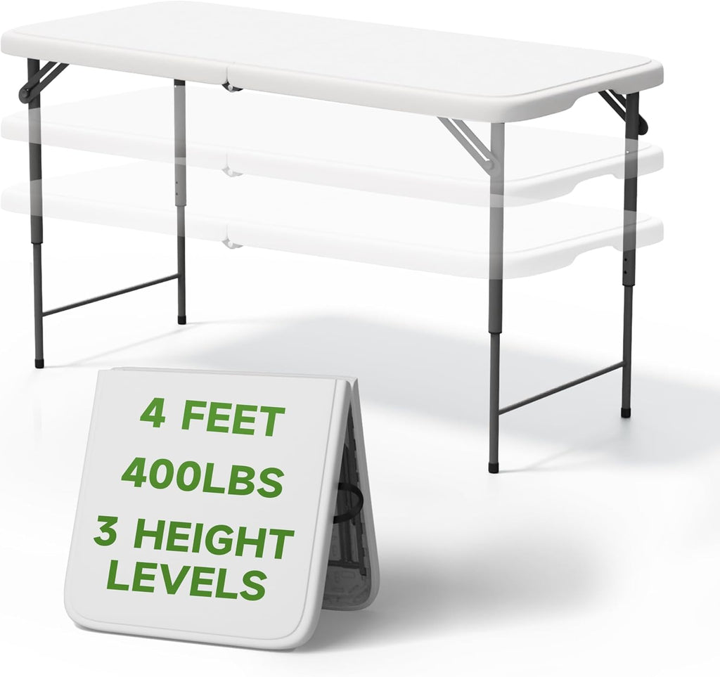 Folding Table 4 Foot - 3-Position Adjustable Height, Heavy Duty 400 lbs Capacity - Portable Tables Folding for Camping, Party, Indoor & Outdoor Use, 1 Pack