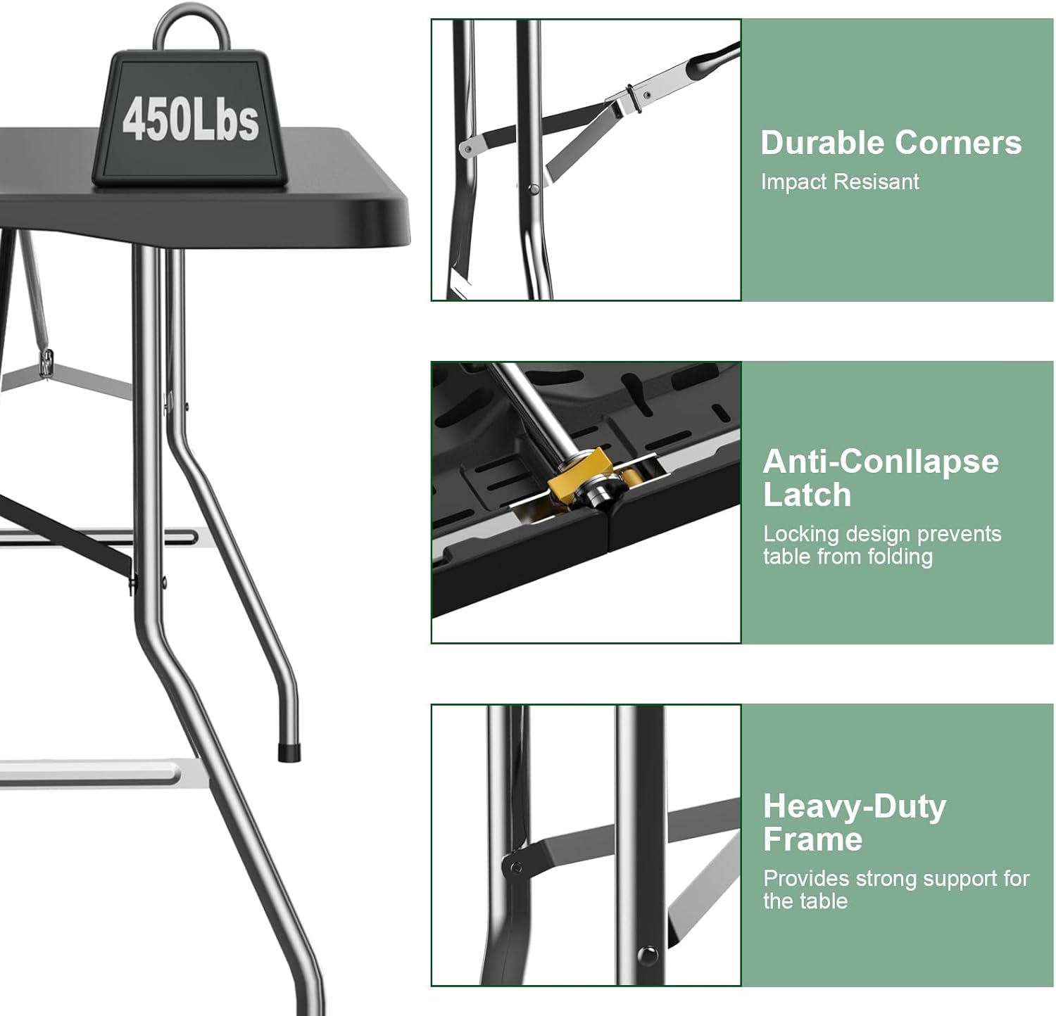 6FT Black Folding Table for Outdoor, 6 Foot Picnic Tables No Assembly Required Portable, Black Foldable Table for Camping, Parties, Meeting, Events, Wedding, BBQ, with Carrying Handle