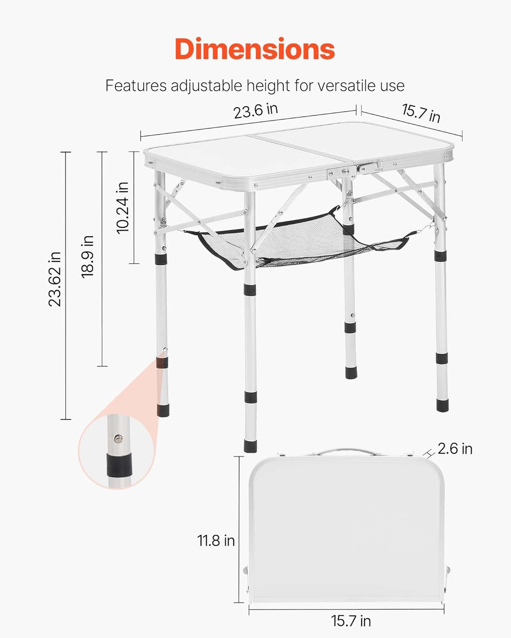 VEVOR Folding Camping Table, Adjustable Height Aluminum MDF Outdoor Portable Lightweight, for Cooking, Beach, Picnic, Travel, 24 x 16 inch