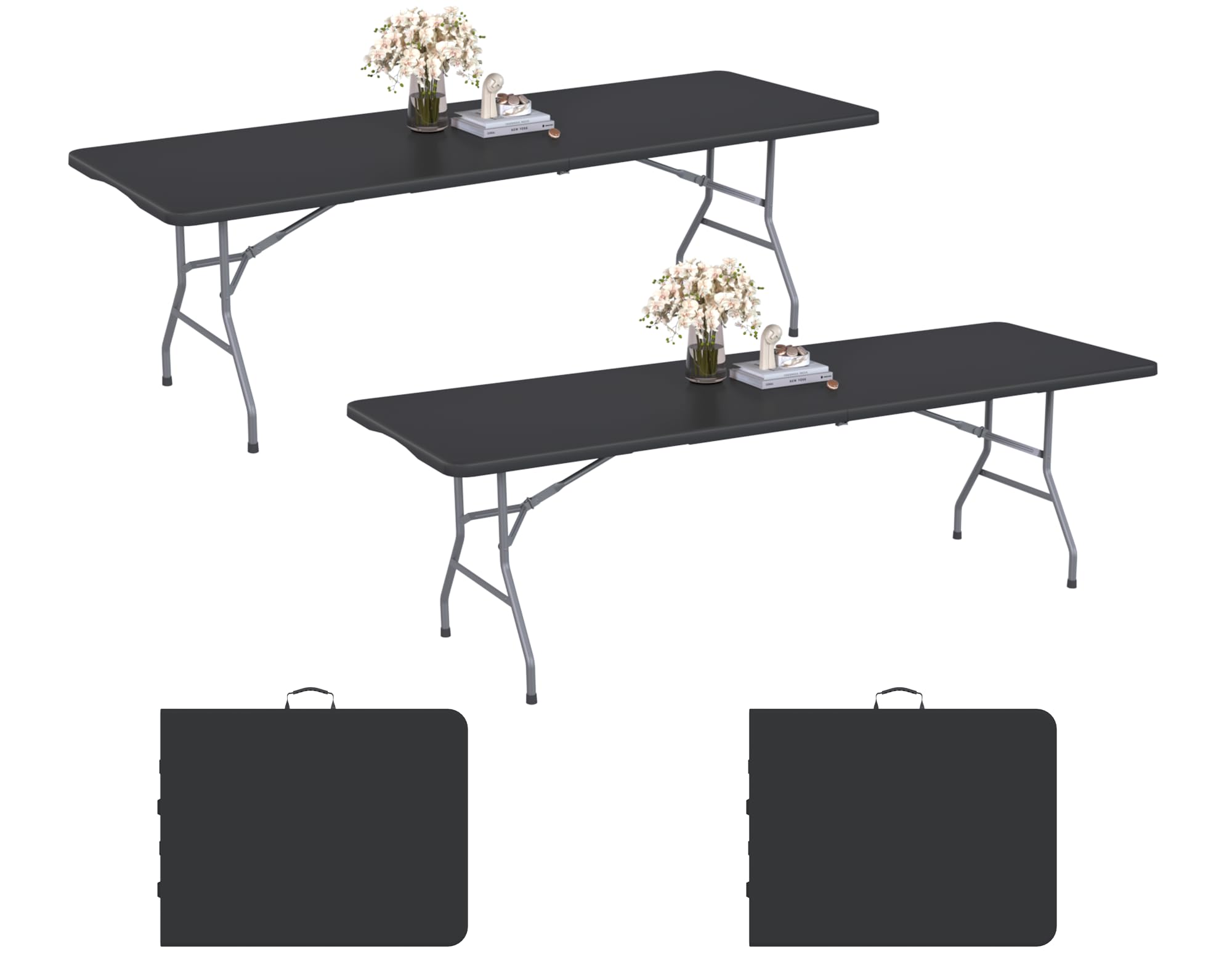 6FT Black Folding Table for Outdoor, 6 Foot Picnic Tables No Assembly Required Portable, Black Foldable Table for Camping, Parties, Meeting, Events, Wedding, BBQ, with Carrying Handle