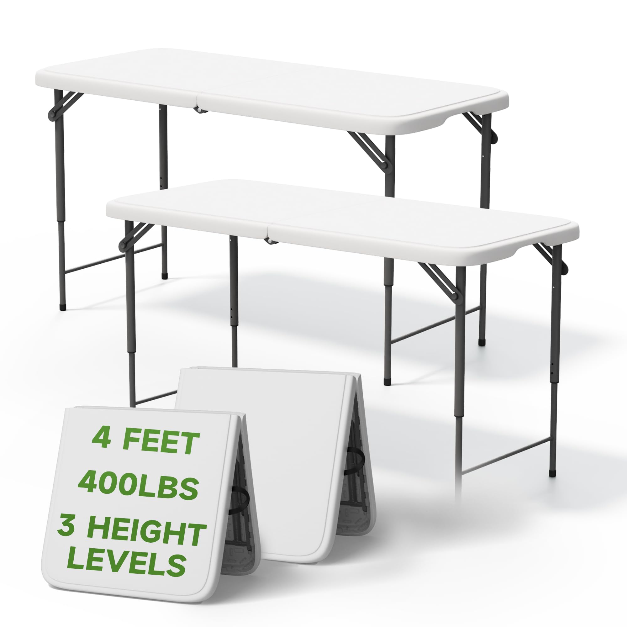 Folding Table 4 Foot - 3-Position Adjustable Height, Heavy Duty 400 lbs Capacity - Portable Tables Folding for Camping, Party, Indoor & Outdoor Use, 1 Pack