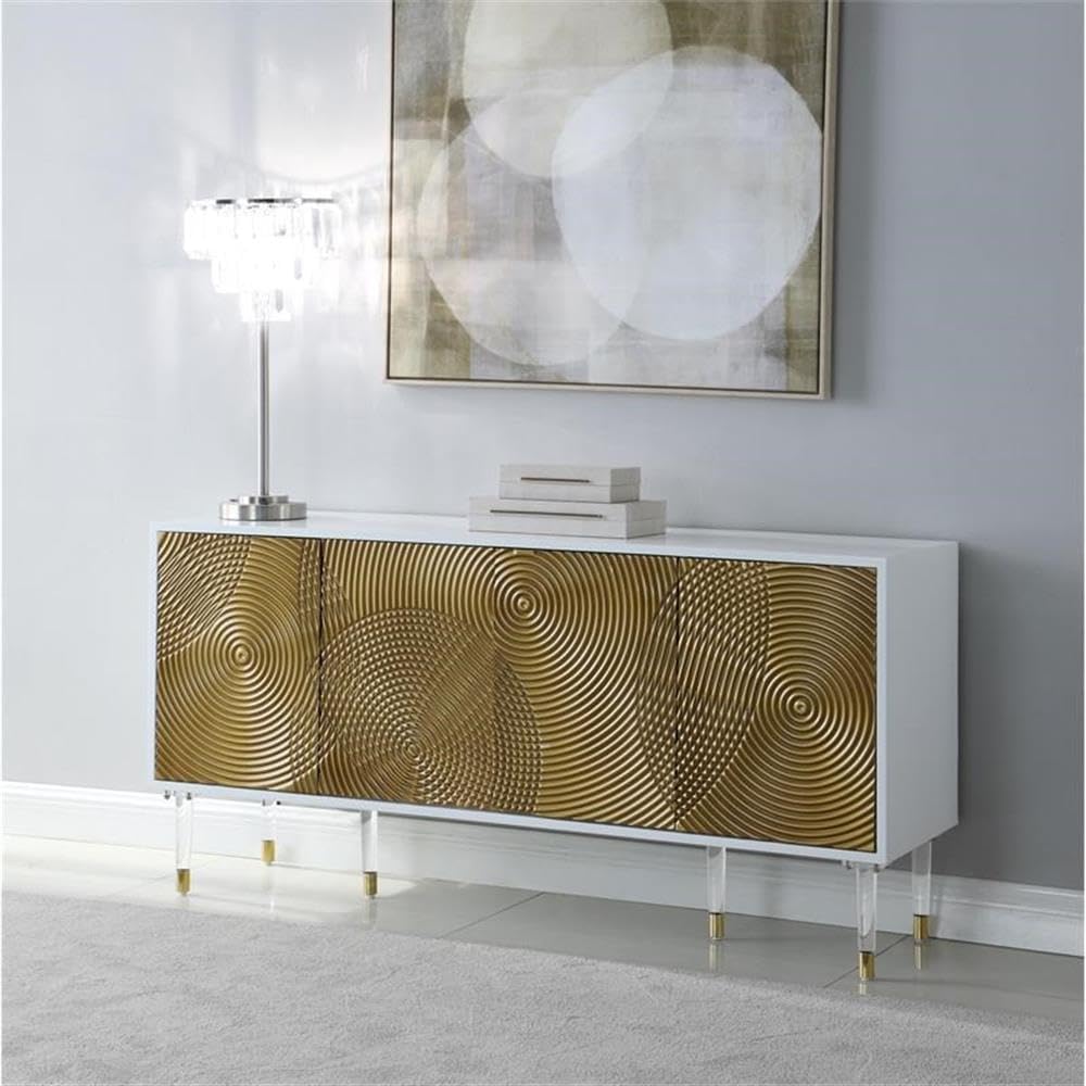Meridian Furniture Bellissimo Collection Modern | Contemporary Lacquer Sideboard/Buffet Tipped Acrylic Legs Wood Design, 64" W x 18" D x 31" H, White/Gold
