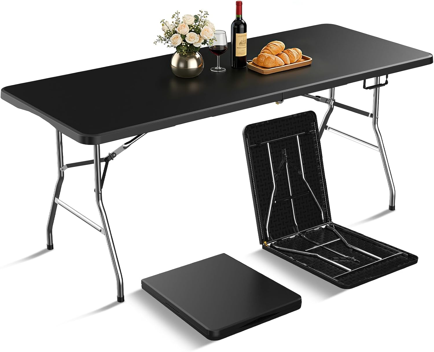 6FT Black Folding Table for Outdoor, 6 Foot Picnic Tables No Assembly Required Portable, Black Foldable Table for Camping, Parties, Meeting, Events, Wedding, BBQ, with Carrying Handle