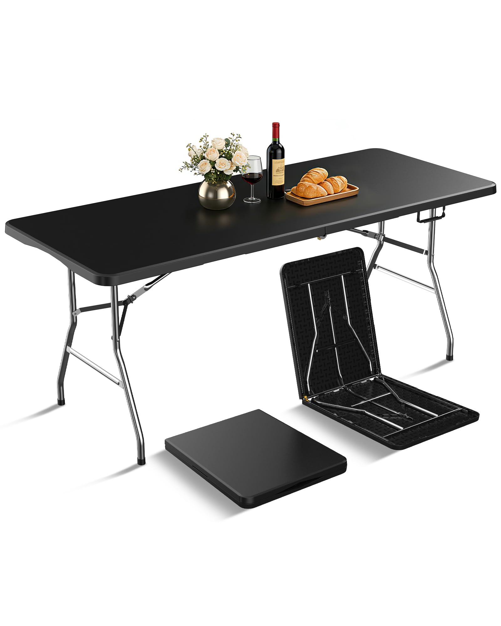 6FT Black Folding Table for Outdoor, 6 Foot Picnic Tables No Assembly Required Portable, Black Foldable Table for Camping, Parties, Meeting, Events, Wedding, BBQ, with Carrying Handle
