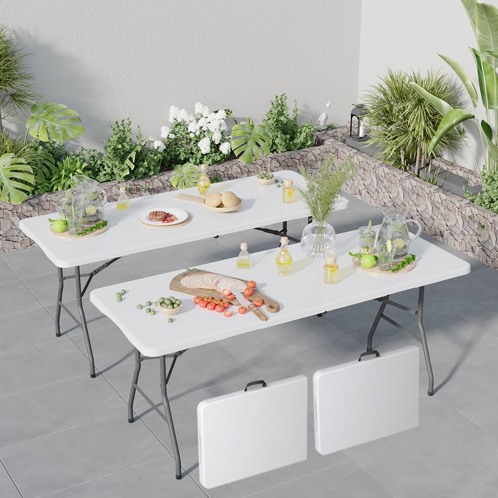 6FT Black Folding Table for Outdoor, 6 Foot Picnic Tables No Assembly Required Portable, Black Foldable Table for Camping, Parties, Meeting, Events, Wedding, BBQ, with Carrying Handle