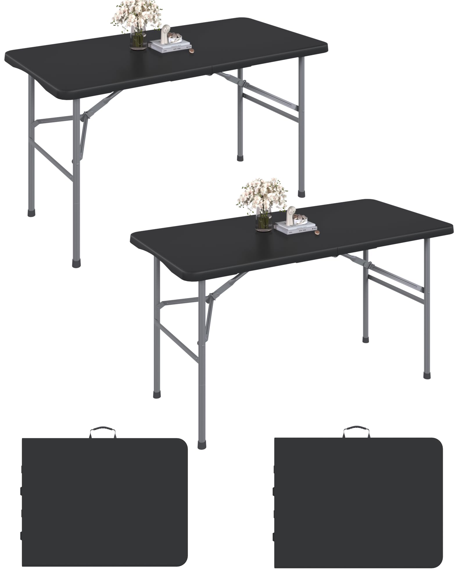 6FT Black Folding Table for Outdoor, 6 Foot Picnic Tables No Assembly Required Portable, Black Foldable Table for Camping, Parties, Meeting, Events, Wedding, BBQ, with Carrying Handle