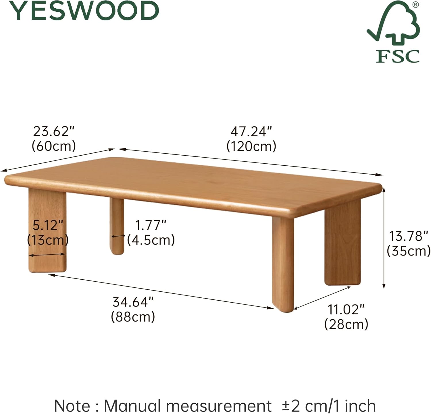 YESWOOD Solid Wood Tatami Tables, 47" L Low Coffee Table Japanese Floor Table Small Wooden Tables Tea Table for Sitting on The Floor Living Room