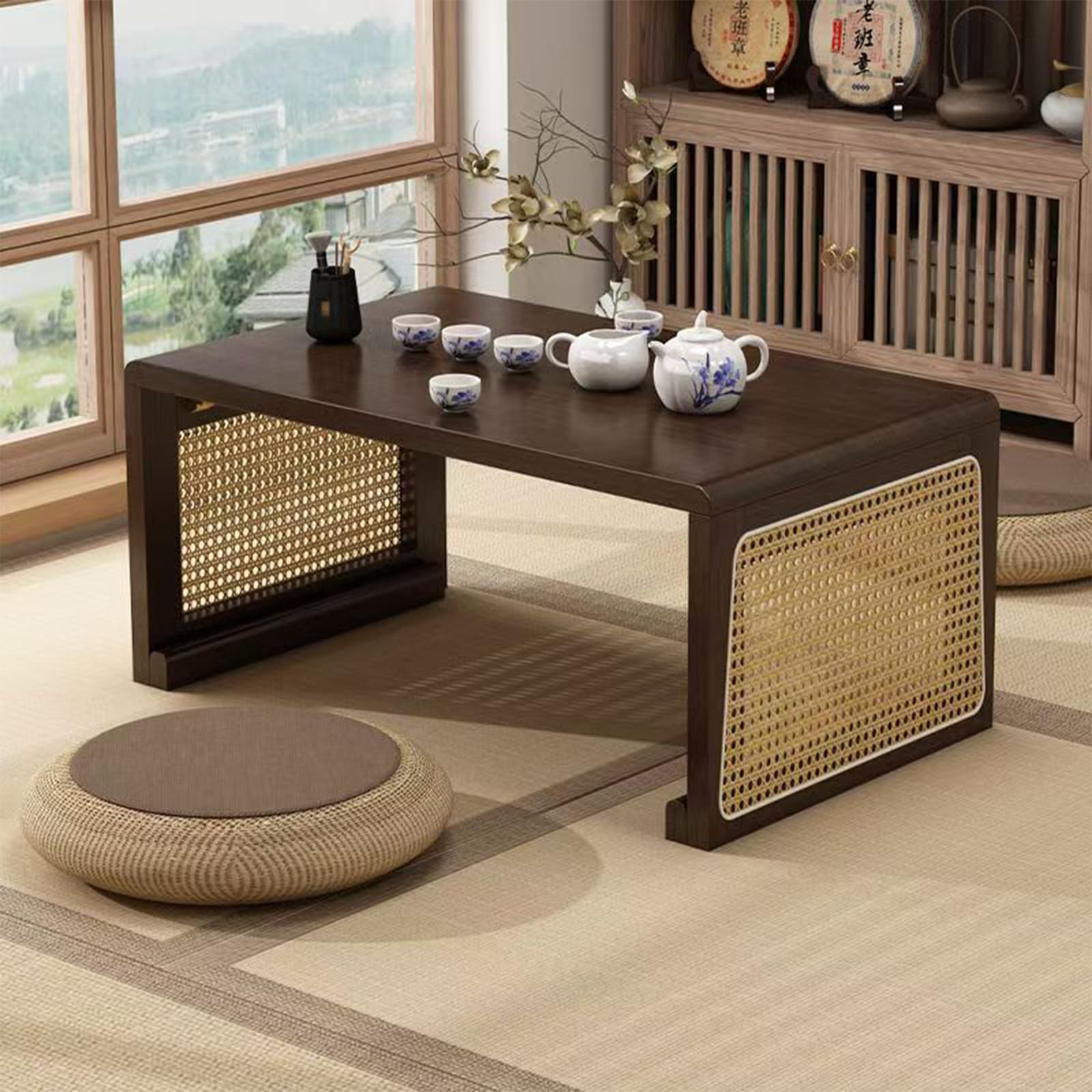 Japanese Floor Table Bamboo Folding Coffee Table Portable Solid Wood Japanese Coffee Table, No Assembly Japanese Dining Table for Sitting on The Floor, Easy Storage(39.4 * 18.9 * 13.8in.)