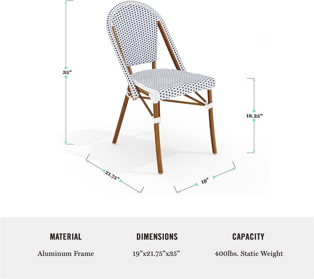 Martha Stewart Lily Pond Indoor-Outdoor Stackable Aluminum Bistro Chair with Natural Woodgrain Frame Finish and White/Navy Woven Rattan Backrest and Seat