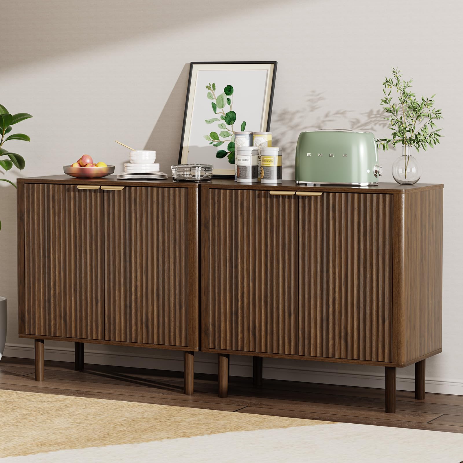 IKALIFE Sideboard Buffet Cabinet with Storage, Modern Fluted Accent Credenza with Doors & Adjustable Shelves, Wood Coffee Bar Console Table for Living Room, Dining Room, Kitchen or Entryway 31.5" Oak