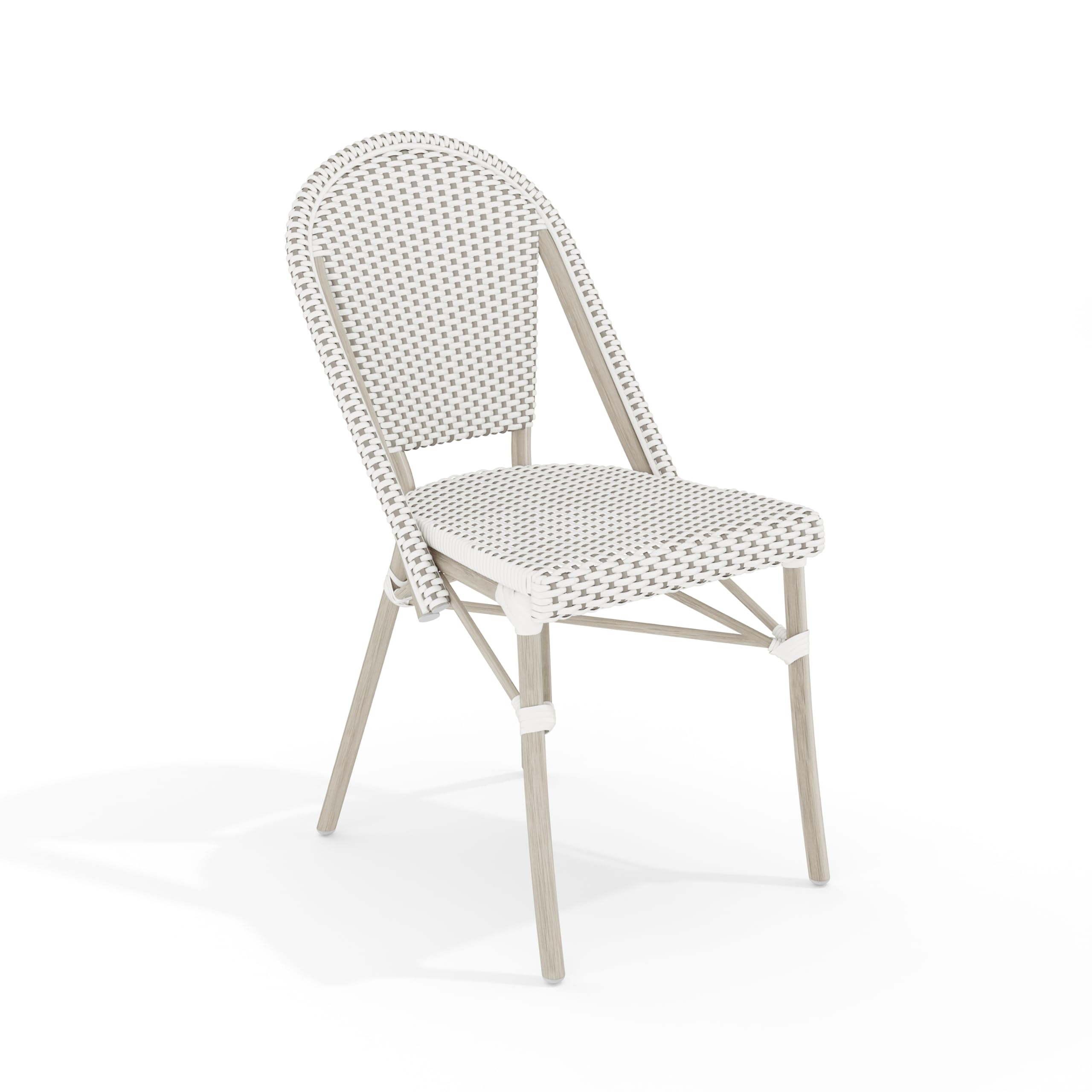 Martha Stewart Lily Pond Indoor-Outdoor Stackable Aluminum Bistro Chair with Natural Woodgrain Frame Finish and White/Navy Woven Rattan Backrest and Seat