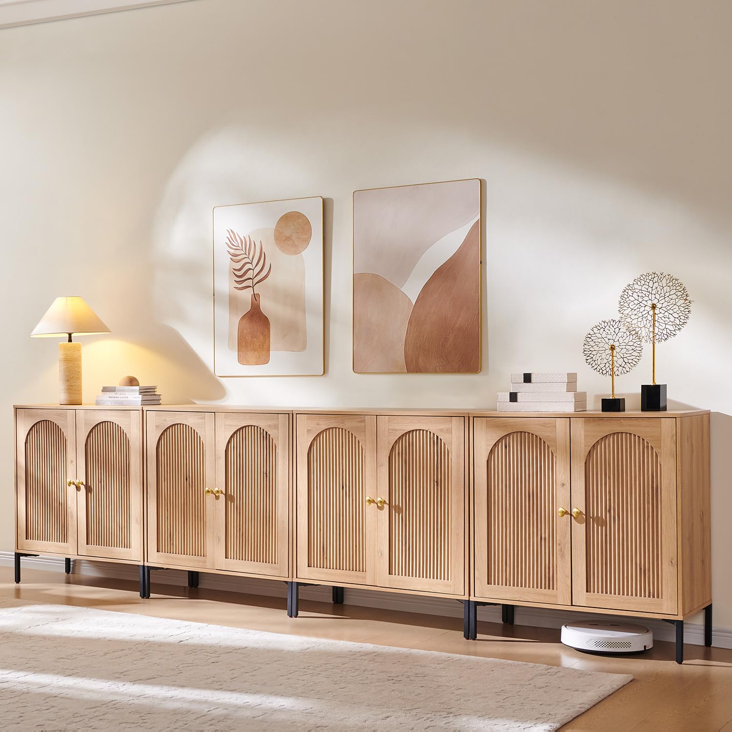 IFGET Modern Buffet Cabinet with Storage, 34" Tall Fluted Arched Sideboard Cabinet w/Adjustable Shelves, Wooden Modular Coffee Bar for Dining Room, Kitchen, Living Room, Entryway, Natural