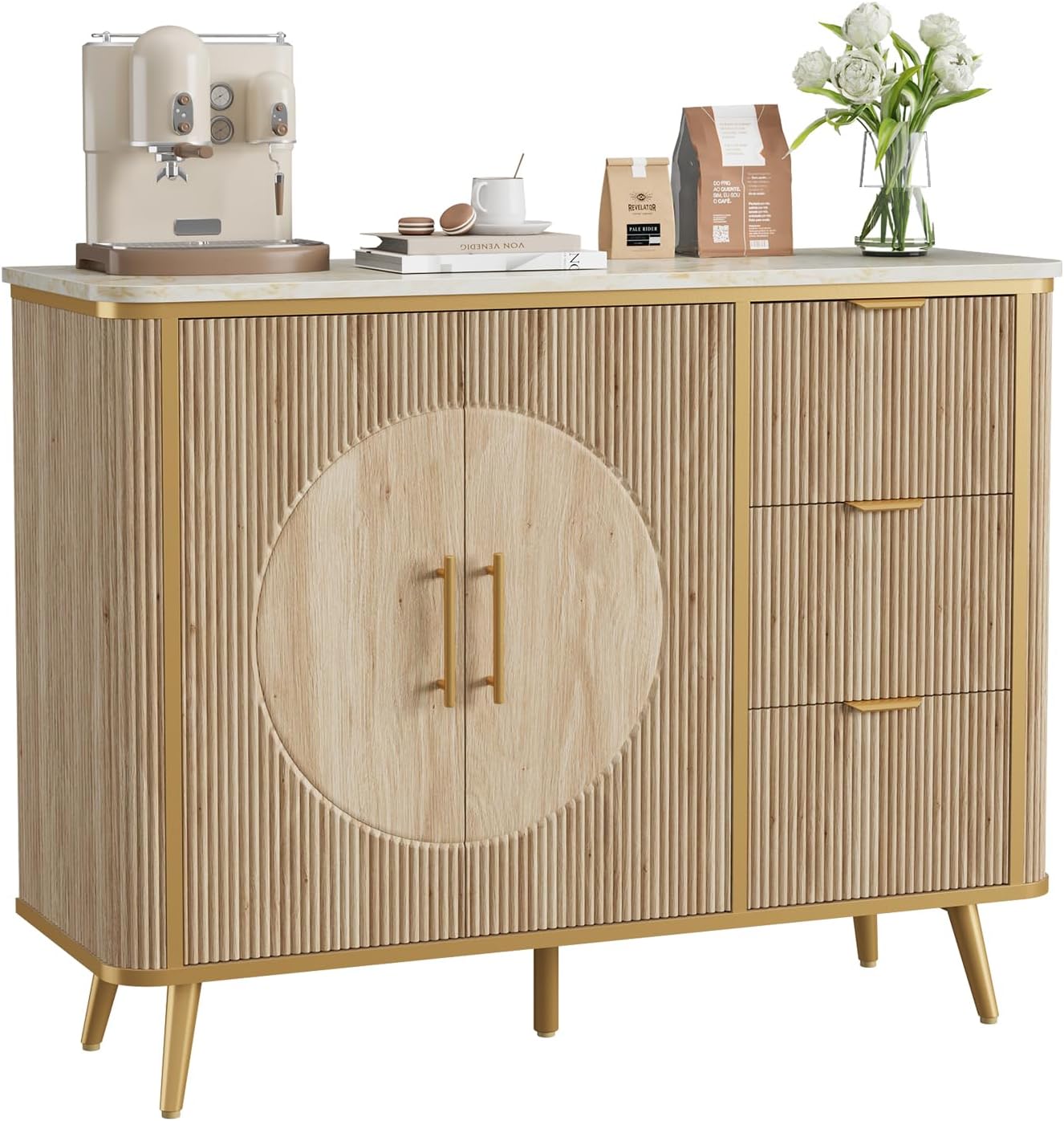 47.3" Modern Buffet Cabinet with Storage, Kitchen Sideboard Buffet with 2 Door & 3 Drawers, Fluted Caffee Bar Storage Cabinet for Dining Room, Living Room, Entryway, Natural Oak