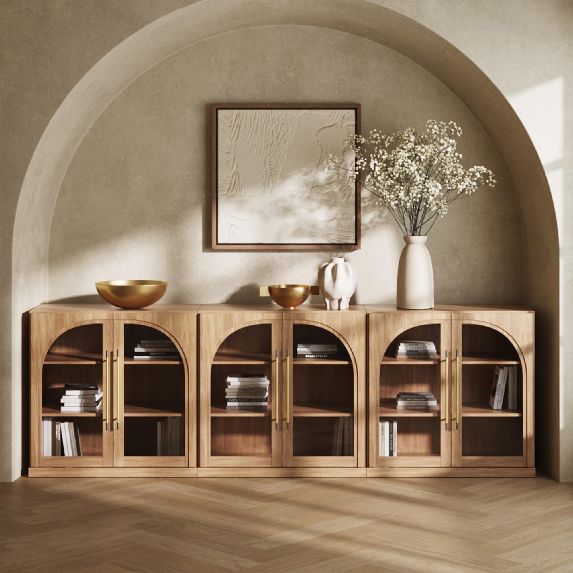 BELLEZE Modular Sideboard with Double-Arc Wood Doors, Small Arched Buffet Cabinet with Storage and Adjustable Shelves, Classic Modern Credenza for Dining Room, Living Room, or Entryway(Camel)