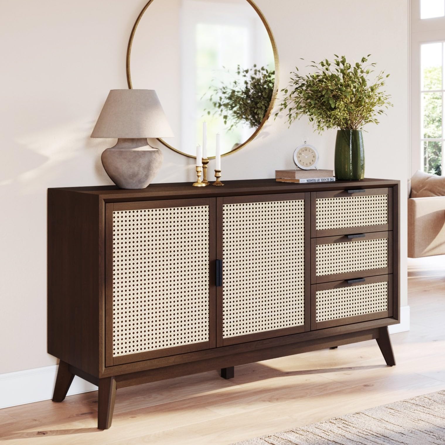 Bme Sideboard Georgina Solid Wood 2 Doors & 3 Drawers, 61'' Mid Century Modern Cabinet with Geometric Pattern for Kitchen, Dining, Living Room