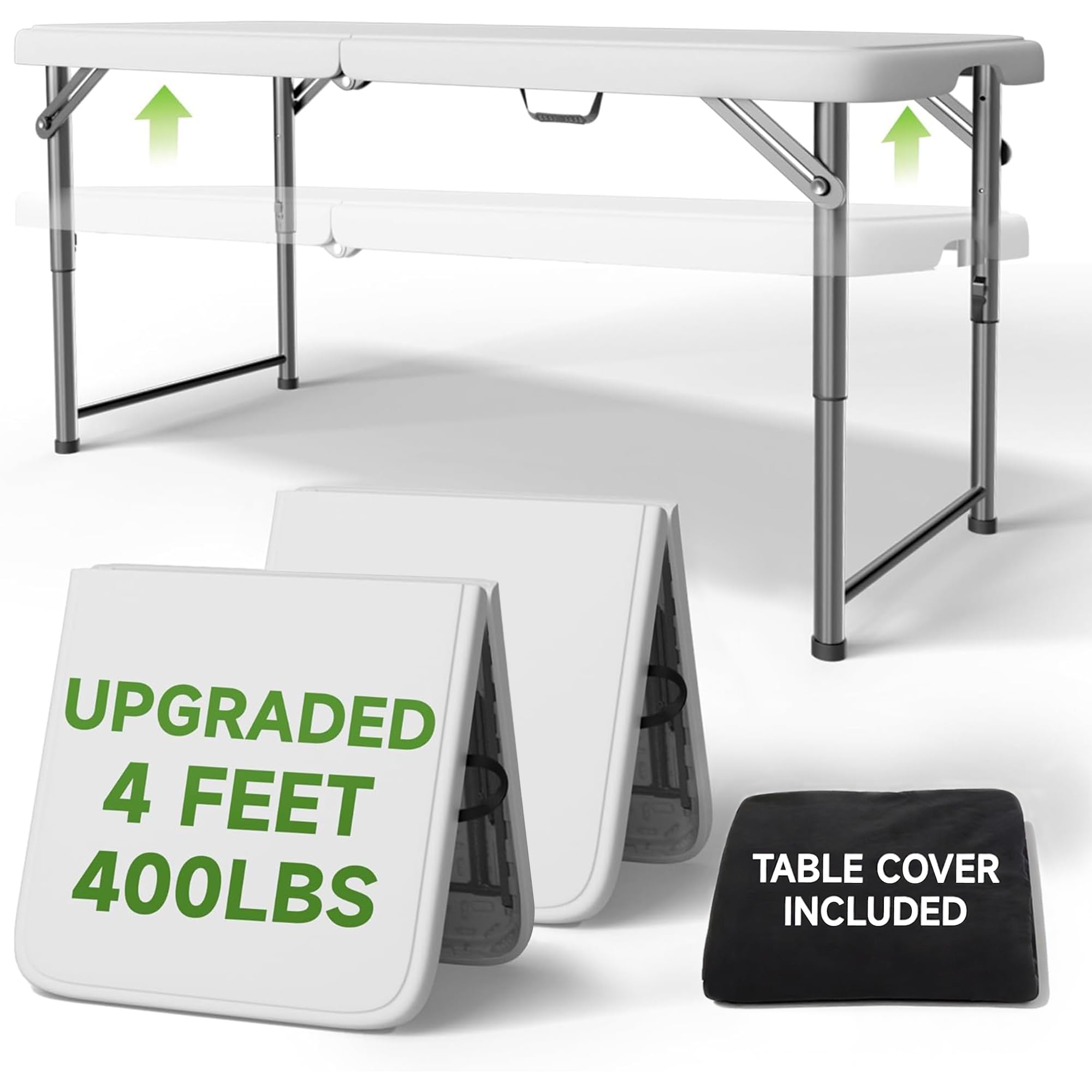 Folding Table 4 Foot - 3-Position Adjustable Height, Heavy Duty 400 lbs Capacity - Portable Tables Folding for Camping, Party, Indoor & Outdoor Use, 1 Pack