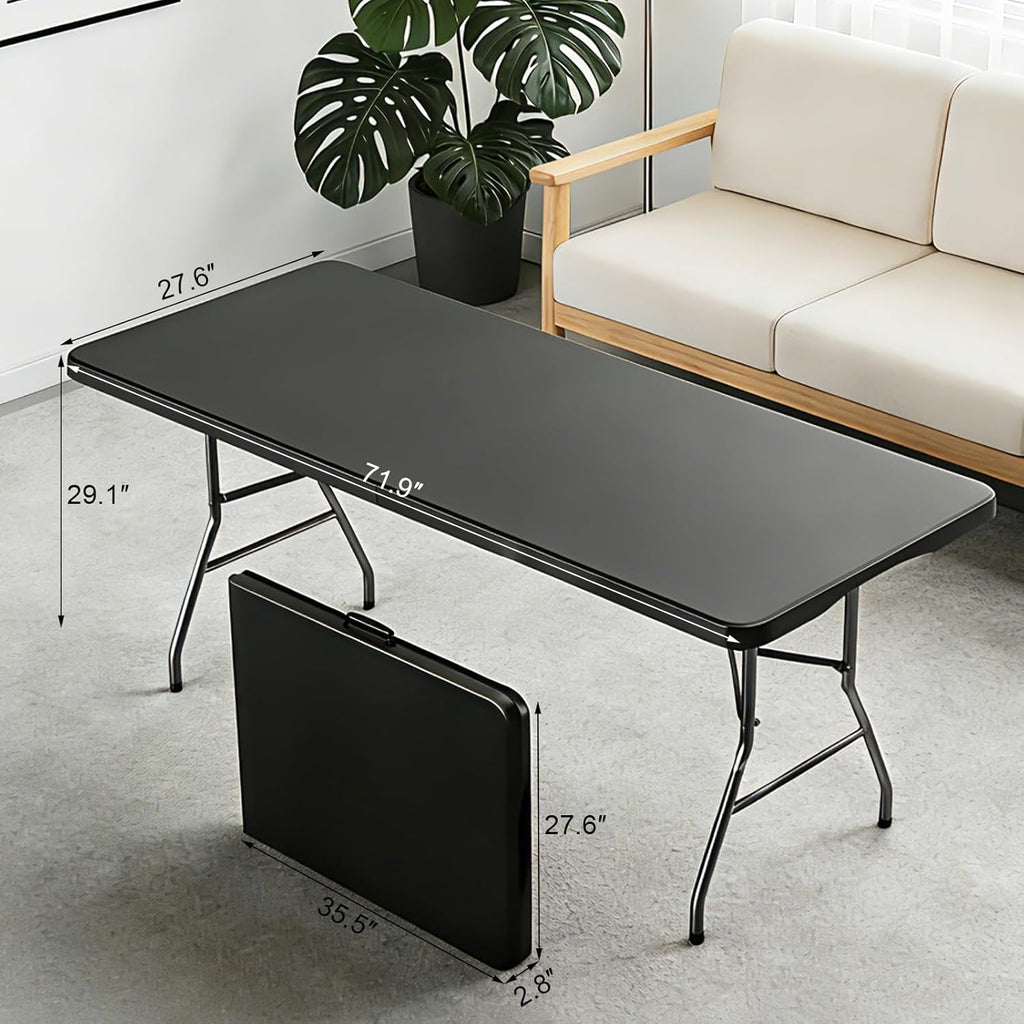6FT Black Folding Table for Outdoor, 6 Foot Picnic Tables No Assembly Required Portable, Black Foldable Table for Camping, Parties, Meeting, Events, Wedding, BBQ, with Carrying Handle