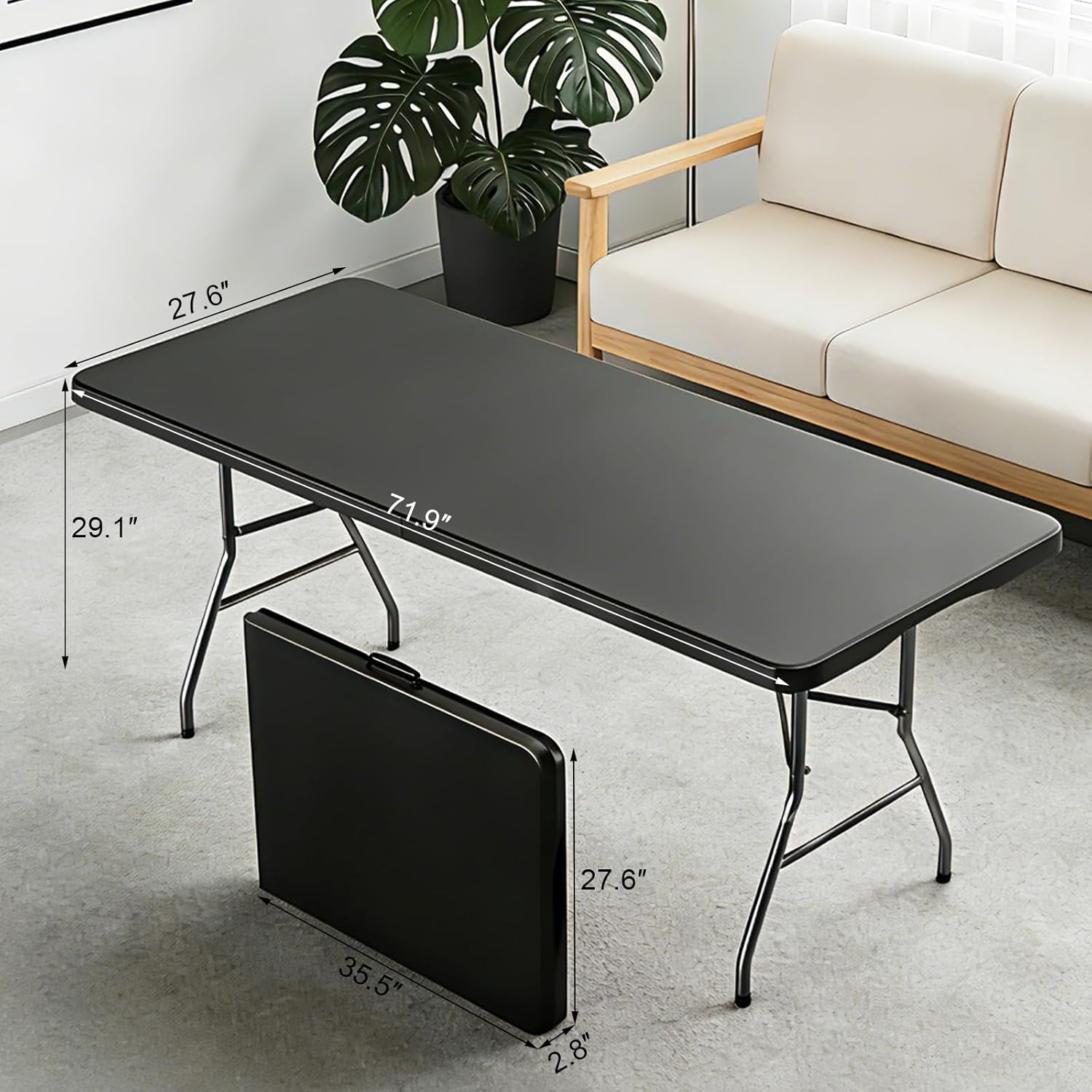 6FT Black Folding Table for Outdoor, 6 Foot Picnic Tables No Assembly Required Portable, Black Foldable Table for Camping, Parties, Meeting, Events, Wedding, BBQ, with Carrying Handle