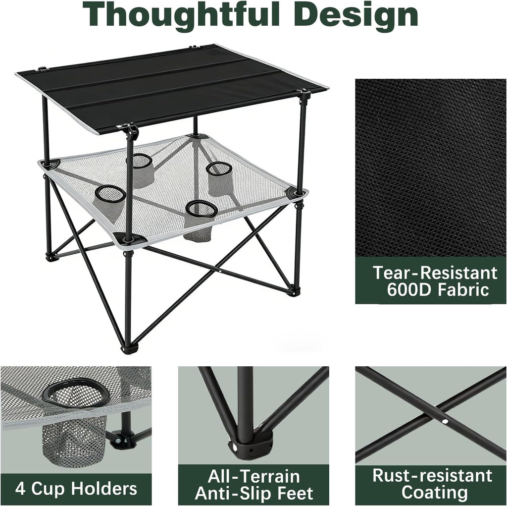 SUNNYFEEL Folding Camping Table- Collapsible Portable Beach Table with 4 Cup Holders & Carry Bags, Tailgate Table for Outdoor Excursion Picnic Hiking Fishing Travel Parties, Black