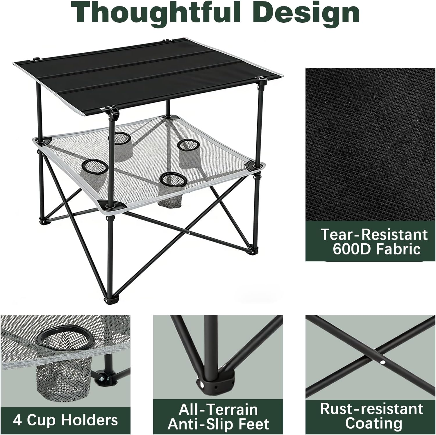 SUNNYFEEL Folding Camping Table- Collapsible Portable Beach Table with 4 Cup Holders & Carry Bags, Tailgate Table for Outdoor Excursion Picnic Hiking Fishing Travel Parties, Black