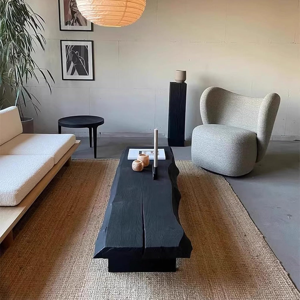 Modern Irregular Coffee Table Live Edge,Black Rectangular Solid Wood Coffee Table,Japanese Style Wooden Floor Tables for Livingroom(39.37" L×19.69" W×13.78" H, Black)