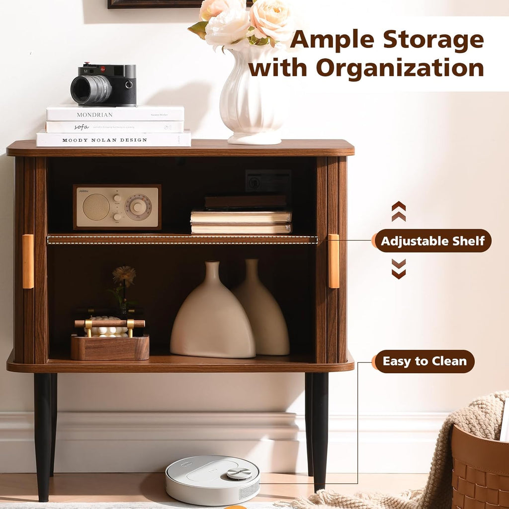 Ahokua Mid Century Modern Side Table with Storage, Walnut Accent Cabinet with Sliding Doors & Adjustable Shelf, Brown Fluted Nightstand for Living Room, Entryway, Bedroom