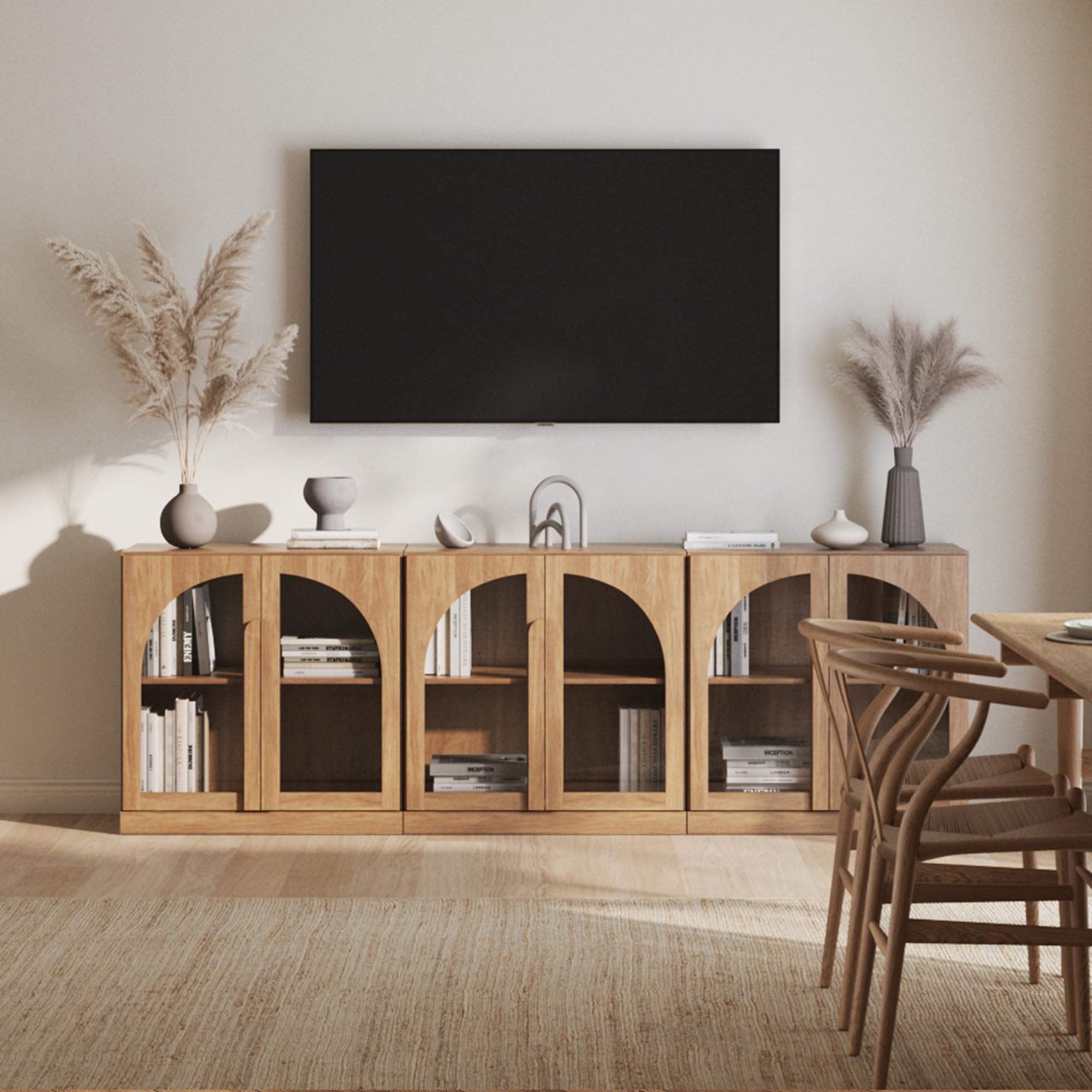 BELLEZE Modular Sideboard with Double-Arc Wood Doors, Small Arched Buffet Cabinet with Storage and Adjustable Shelves, Classic Modern Credenza for Dining Room, Living Room, or Entryway(Camel)