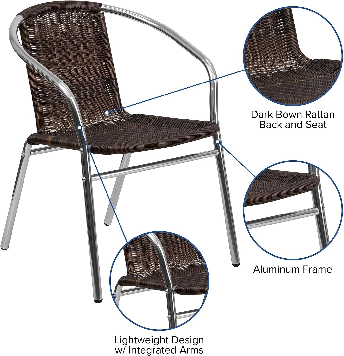 Flash Furniture Commercial Aluminum and Dark Brown Rattan Indoor-Outdoor Restaurant Stack Chair (Pack of 1)