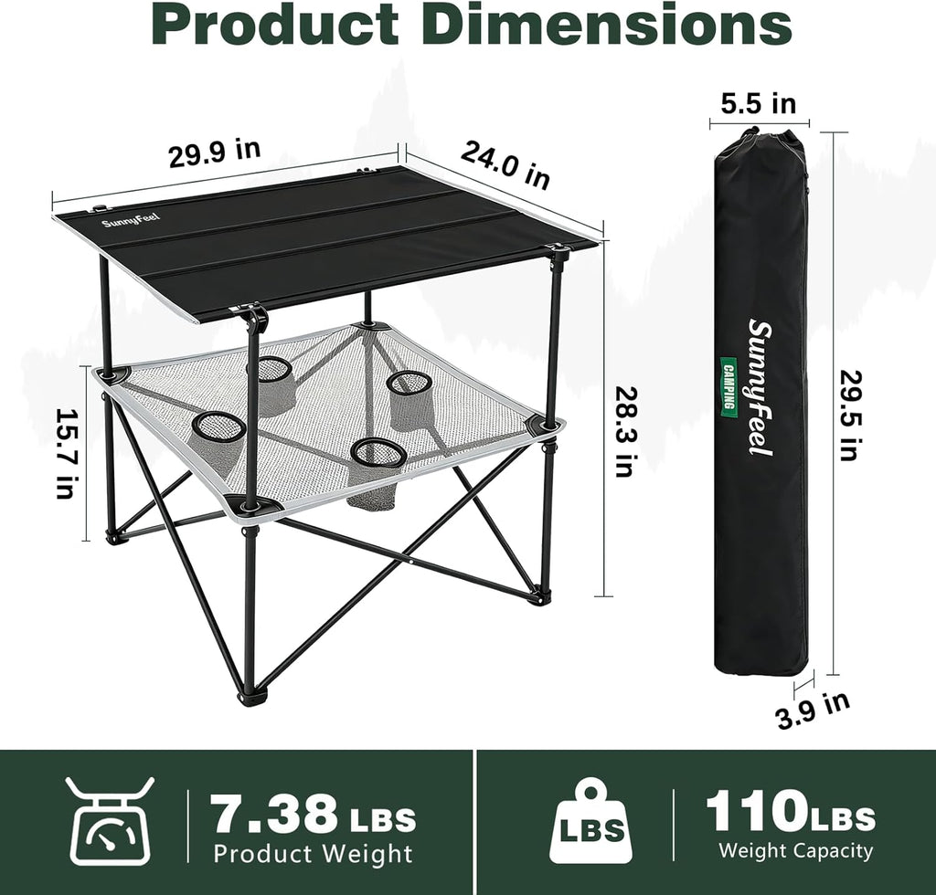 SUNNYFEEL Folding Camping Table- Collapsible Portable Beach Table with 4 Cup Holders & Carry Bags, Tailgate Table for Outdoor Excursion Picnic Hiking Fishing Travel Parties, Black