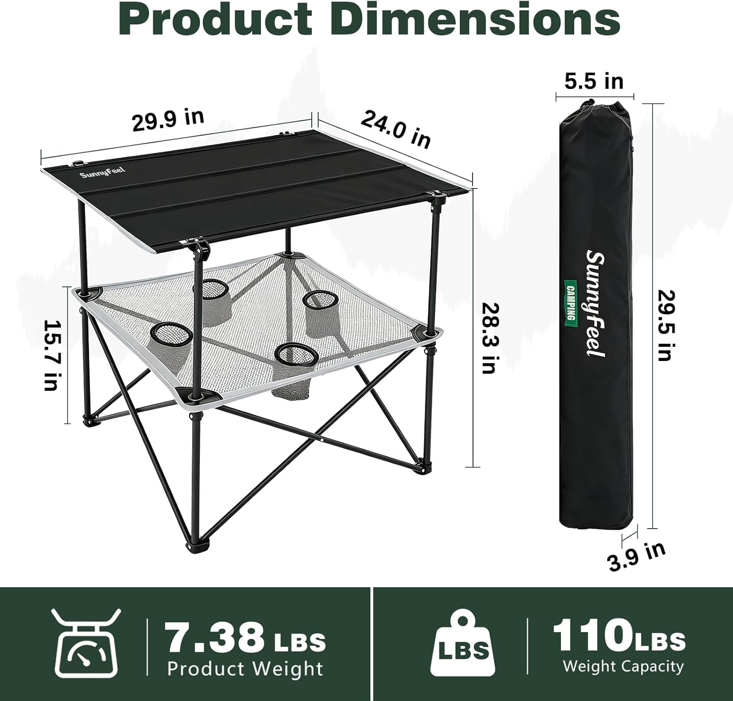 SUNNYFEEL Folding Camping Table- Collapsible Portable Beach Table with 4 Cup Holders & Carry Bags, Tailgate Table for Outdoor Excursion Picnic Hiking Fishing Travel Parties, Black