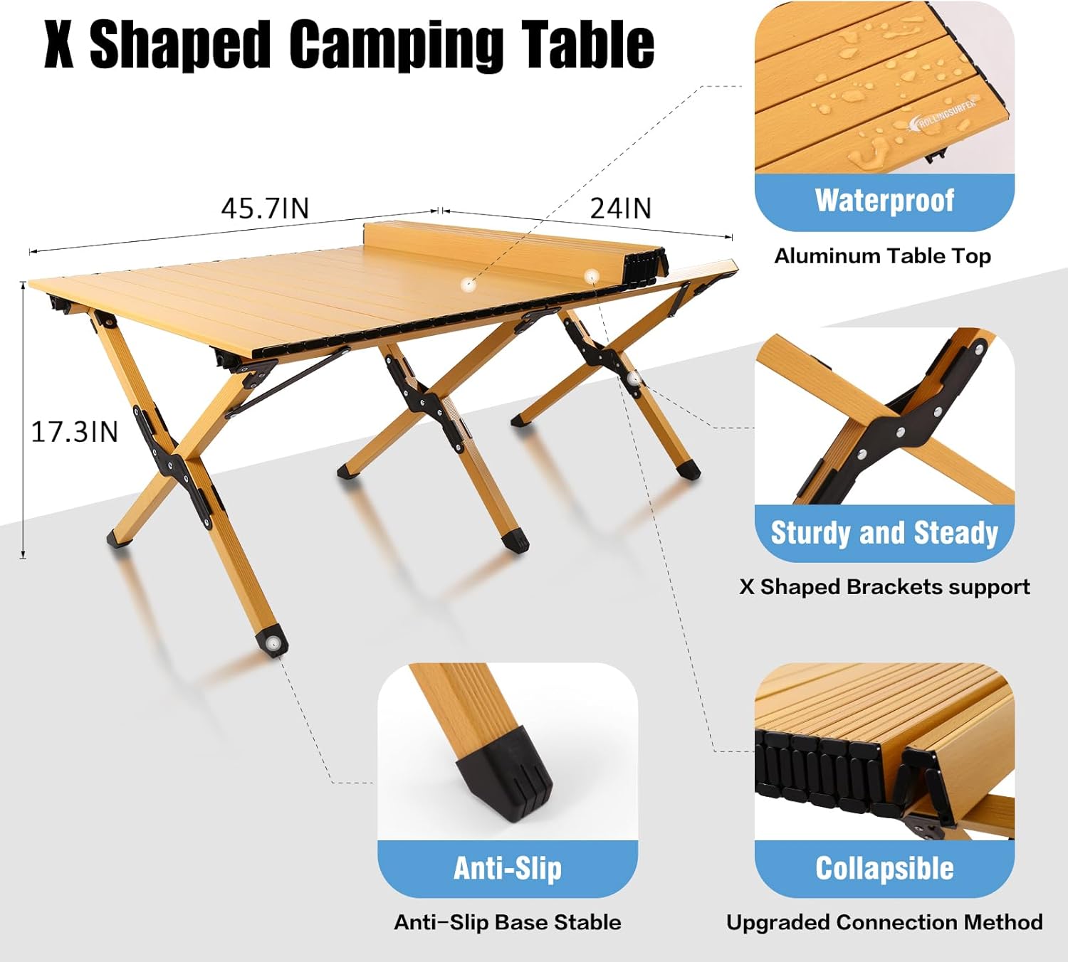 Rollingsurfer Folding Camping Table, Lightweight Roll-Up Table Aluminum Low Portable Picnic Table with Easy Carrying Bag for Outdoor, Beach, Picnic, Backyards, BBQ and Party, 45.2"L x 23.6"W x 17.3"H