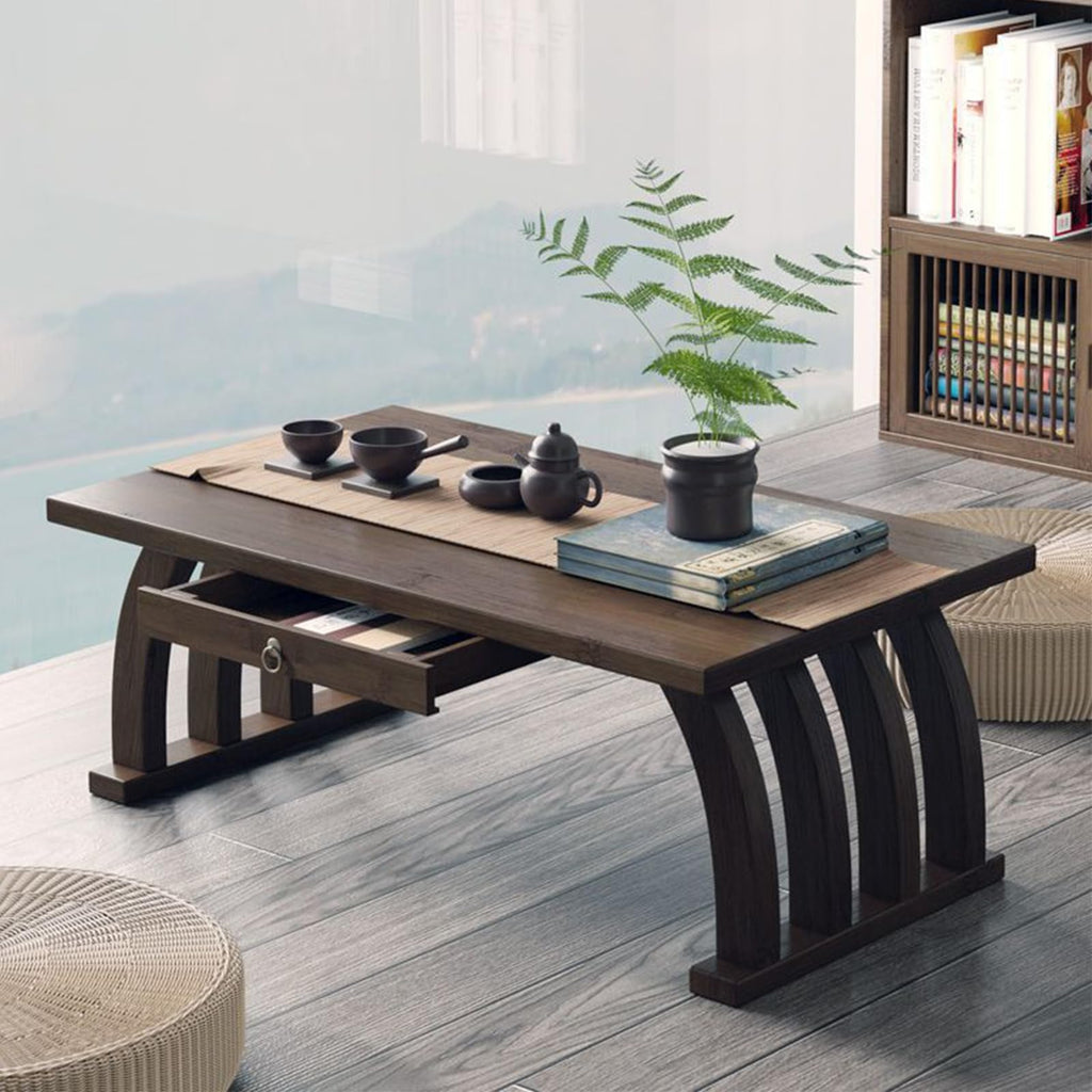 Bamboo Japanese Floor Table,Small Coffee Table & Tea Table, Altar Table for Meditation,Low Table for Sitting on The Floor,Tatami Table for Bedroom Home Living Room(60cm(23.6in), with Drawers)