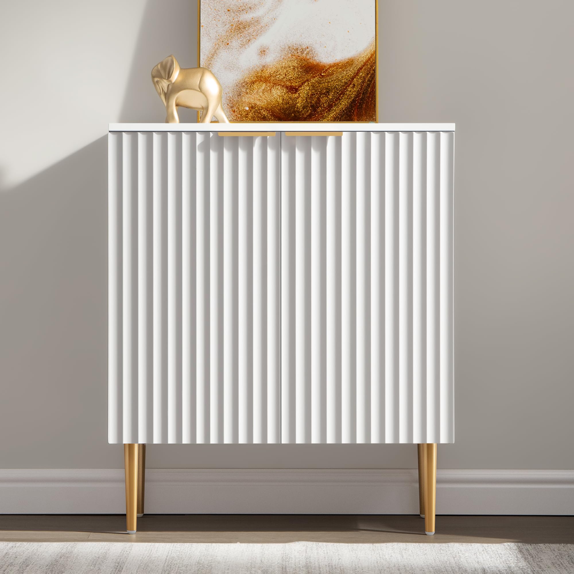 SICOTAS Sideboard Cabinet - 87'' Modern Accent Credenza Storage Cabinet Kitchen Fluted Sideboard with 6 Doors & Adjustable Shelves, Console Coffee Bar Table for Entryway Living Room Hallway, White