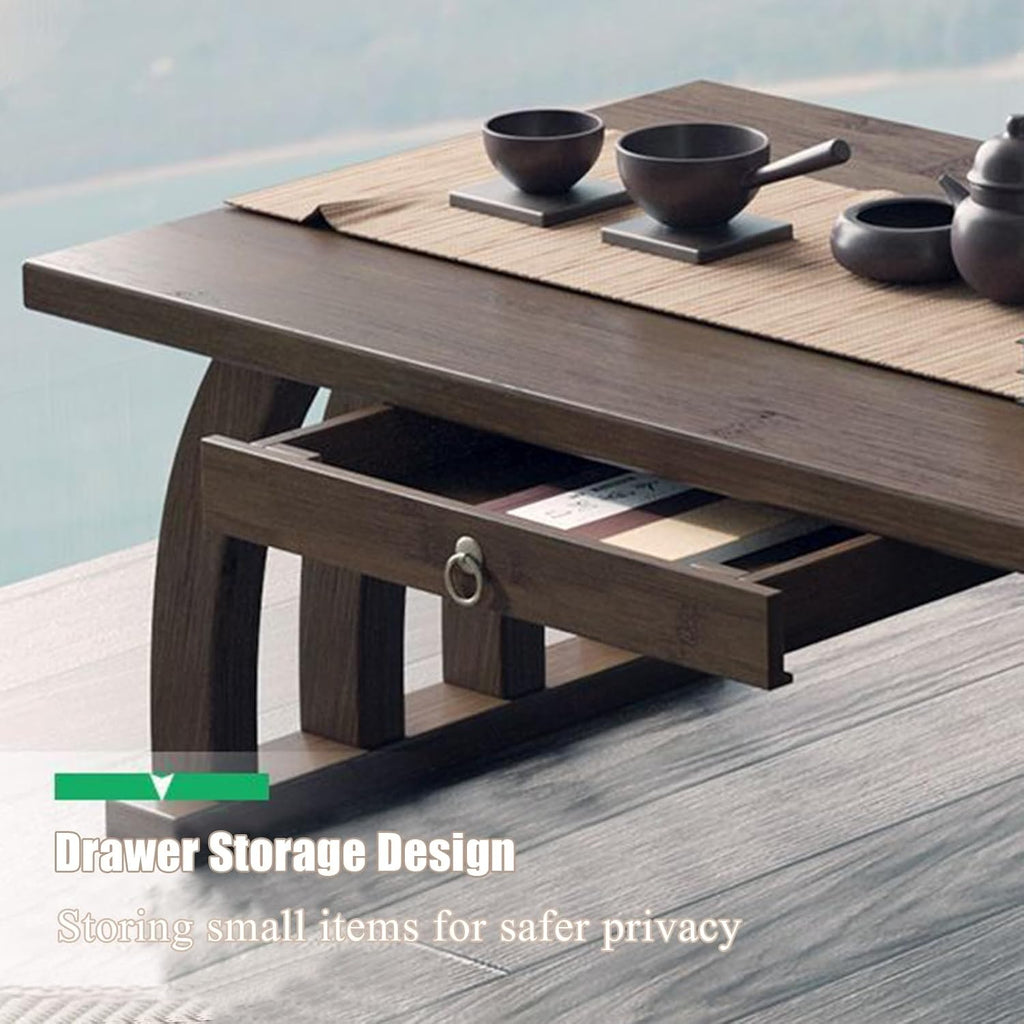 Bamboo Japanese Floor Table,Small Coffee Table & Tea Table, Altar Table for Meditation,Low Table for Sitting on The Floor,Tatami Table for Bedroom Home Living Room(60cm(23.6in), with Drawers)