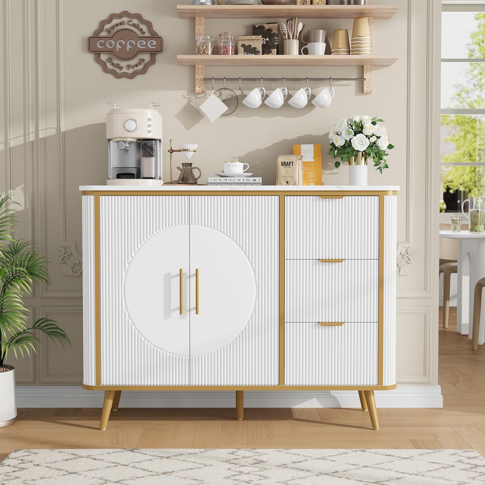 47.3" Modern Buffet Cabinet with Storage, Kitchen Sideboard Buffet with 2 Door & 3 Drawers, Fluted Caffee Bar Storage Cabinet for Dining Room, Living Room, Entryway, Natural Oak