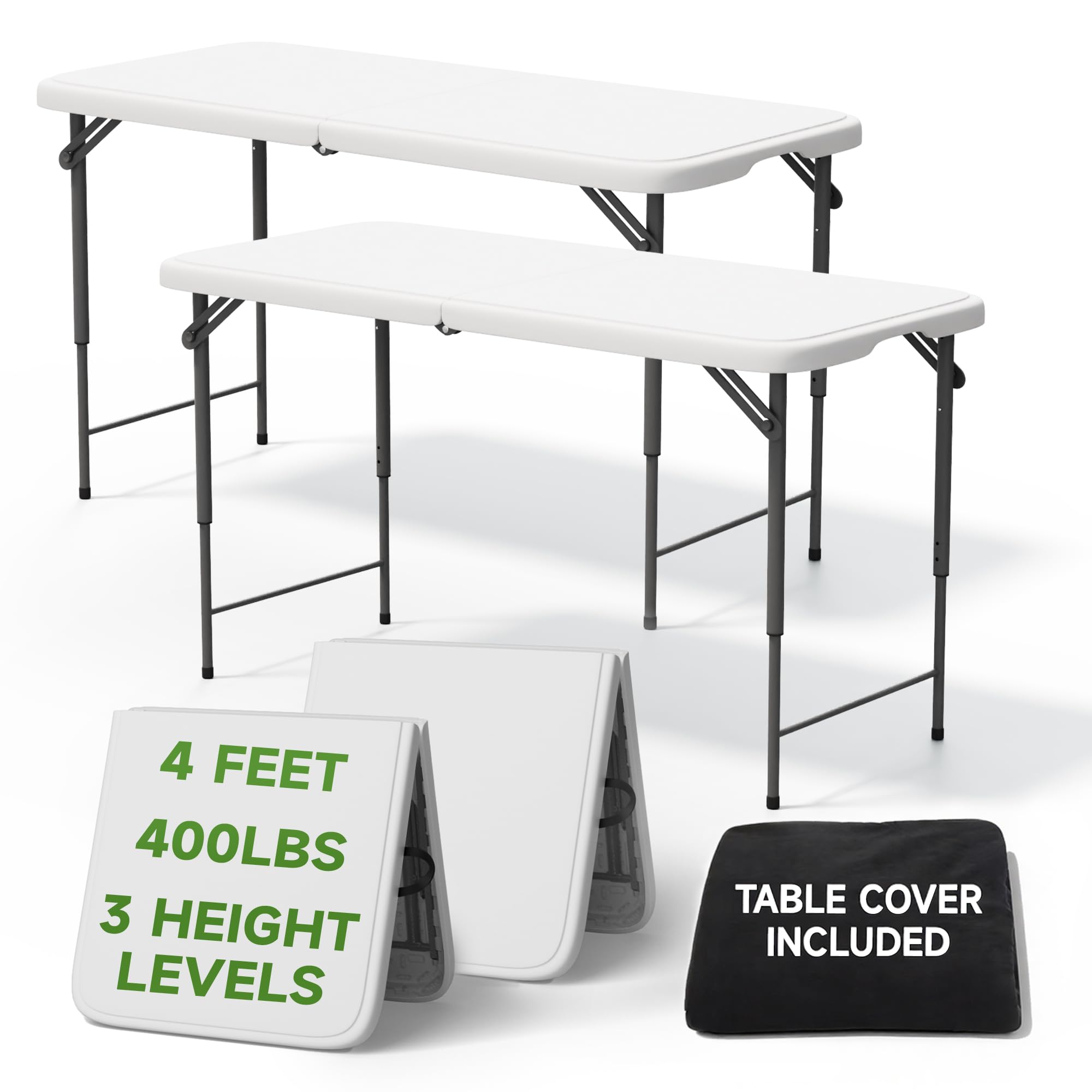 Folding Table 4 Foot - 3-Position Adjustable Height, Heavy Duty 400 lbs Capacity - Portable Tables Folding for Camping, Party, Indoor & Outdoor Use, 1 Pack